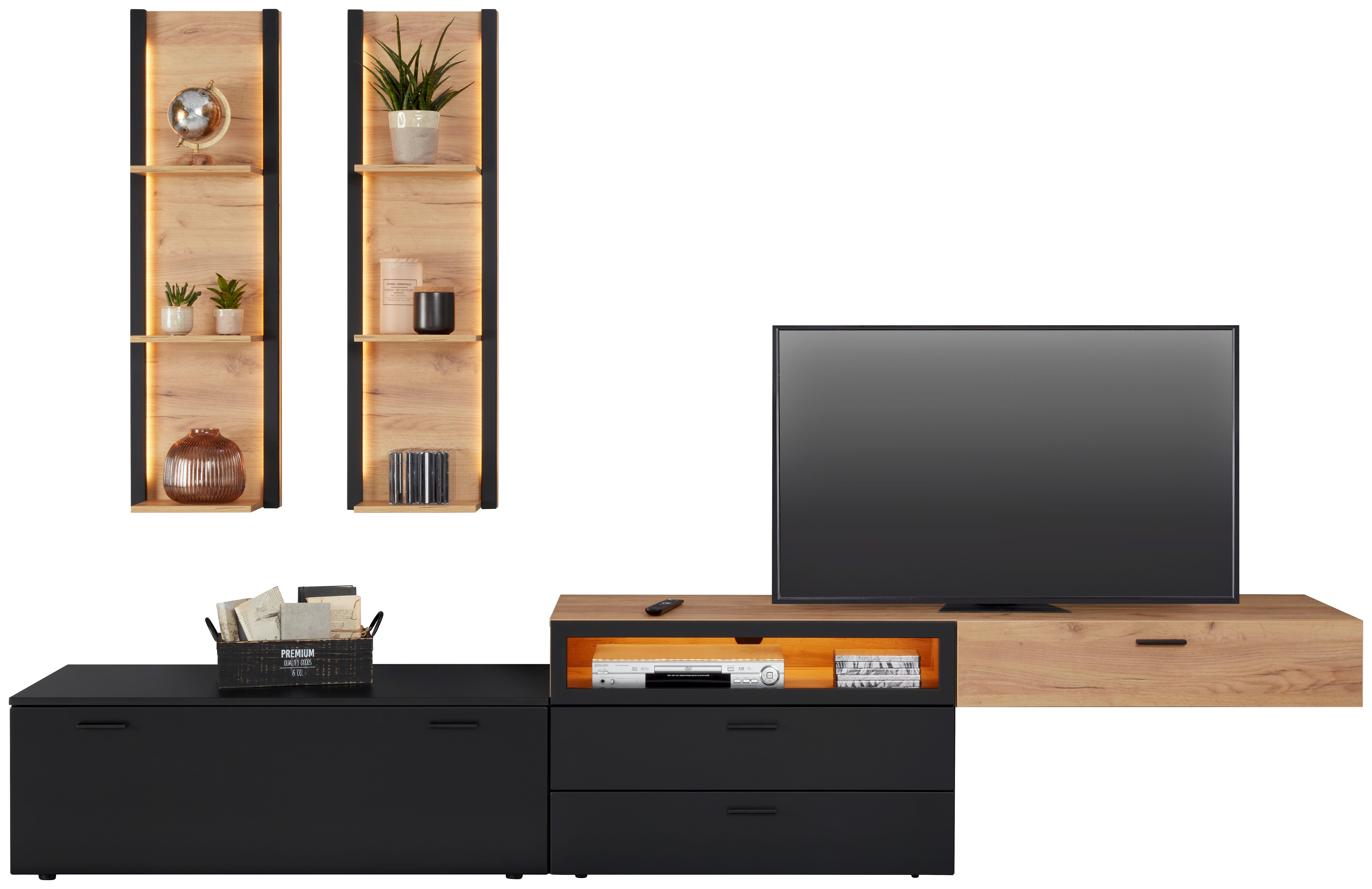 Obývací Stěna Uno - černá/barvy dubu, Moderní, kov/kompozitní dřevo (300/210/50cm) - Modern Living