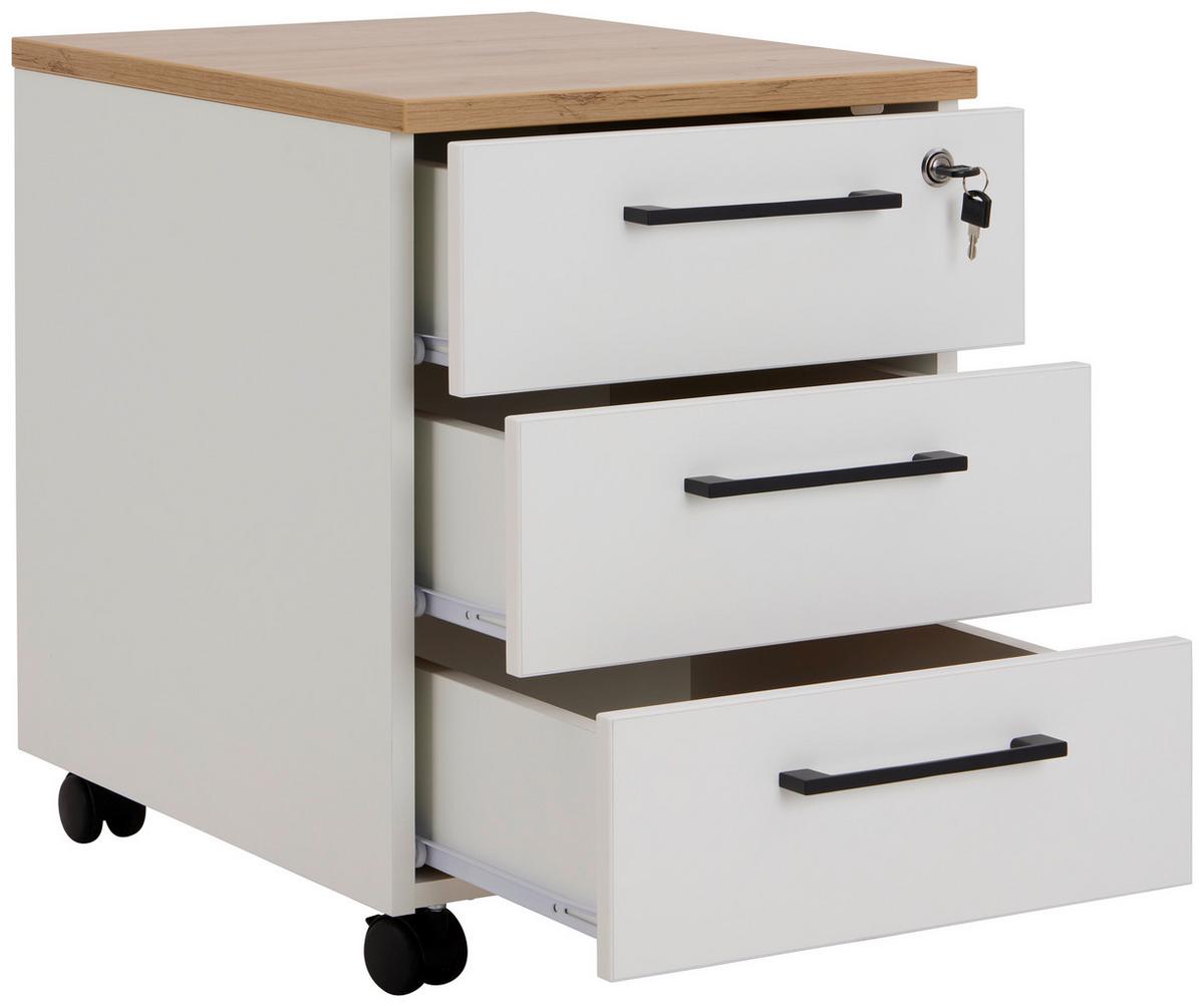 Rollcontainer  Weiss Eiche Dekor, Abschließbar - Eichefarben/Weiß, MODERN, Holzwerkstoff (43/58.4/55.3cm)