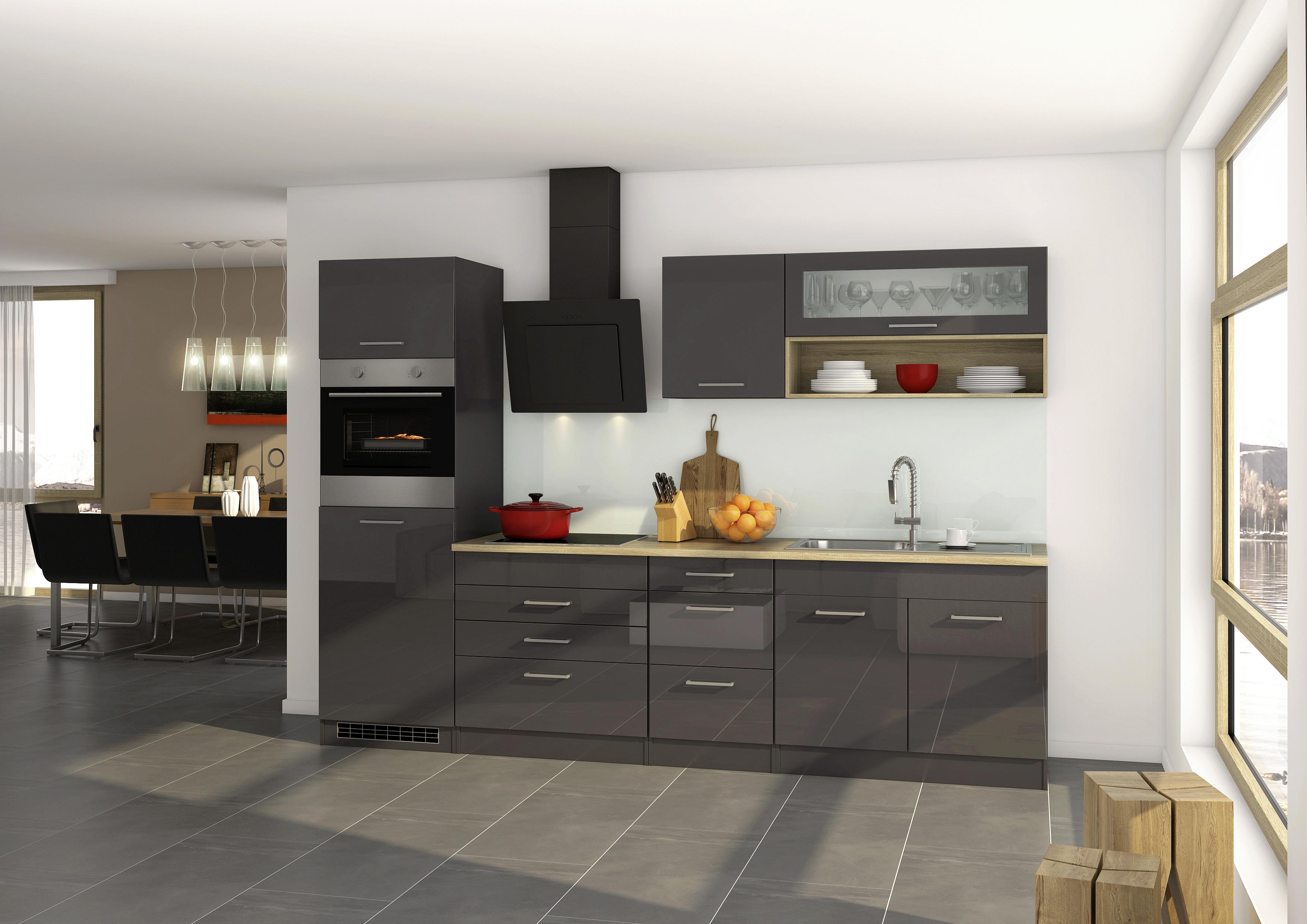 Küchenzeile Mailand mit Geräten 290 cm Anthrazit Hochglanz - Eichefarben/Anthrazit, MODERN, Holzwerkstoff (290cm) - MID.YOU