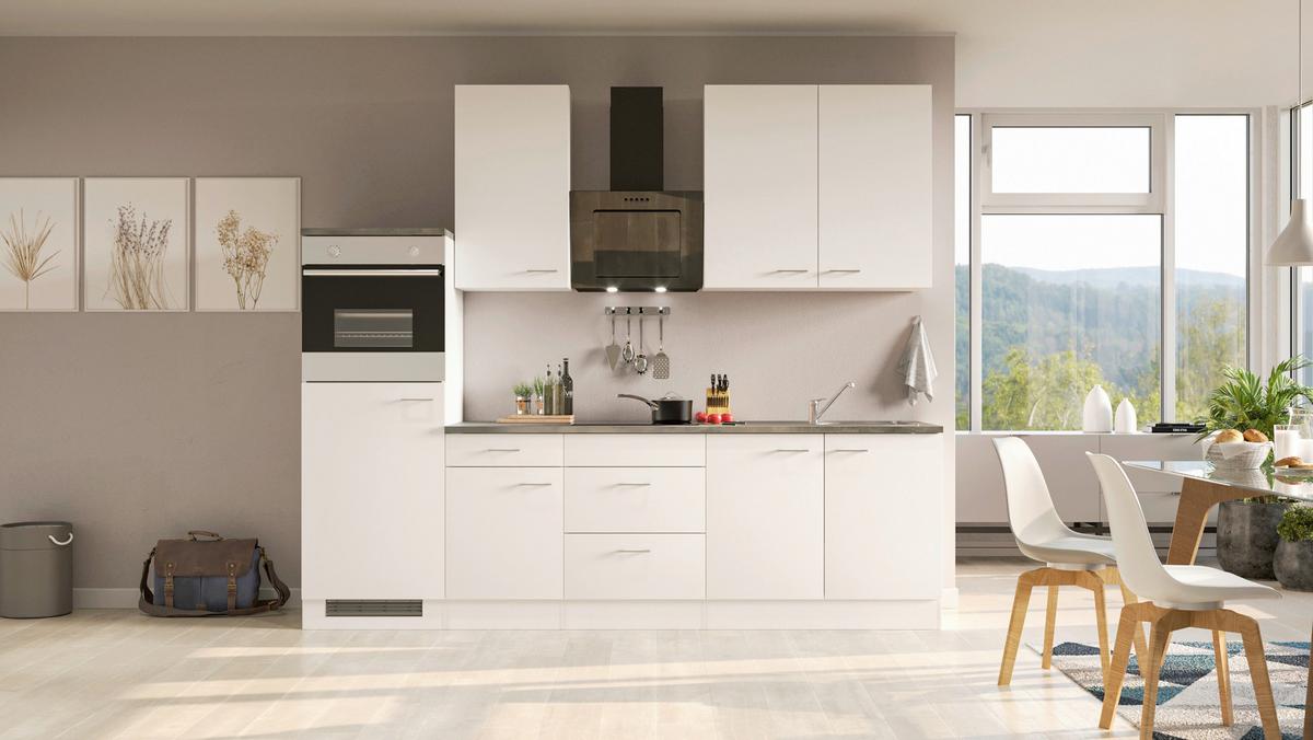 Küchenzeile Lucca M. Geräten 270 Cm Weiß Dekor Modern - Graubraun/Weiß, KONVENTIONELL, Holzwerkstoff (270cm) - FlexWell