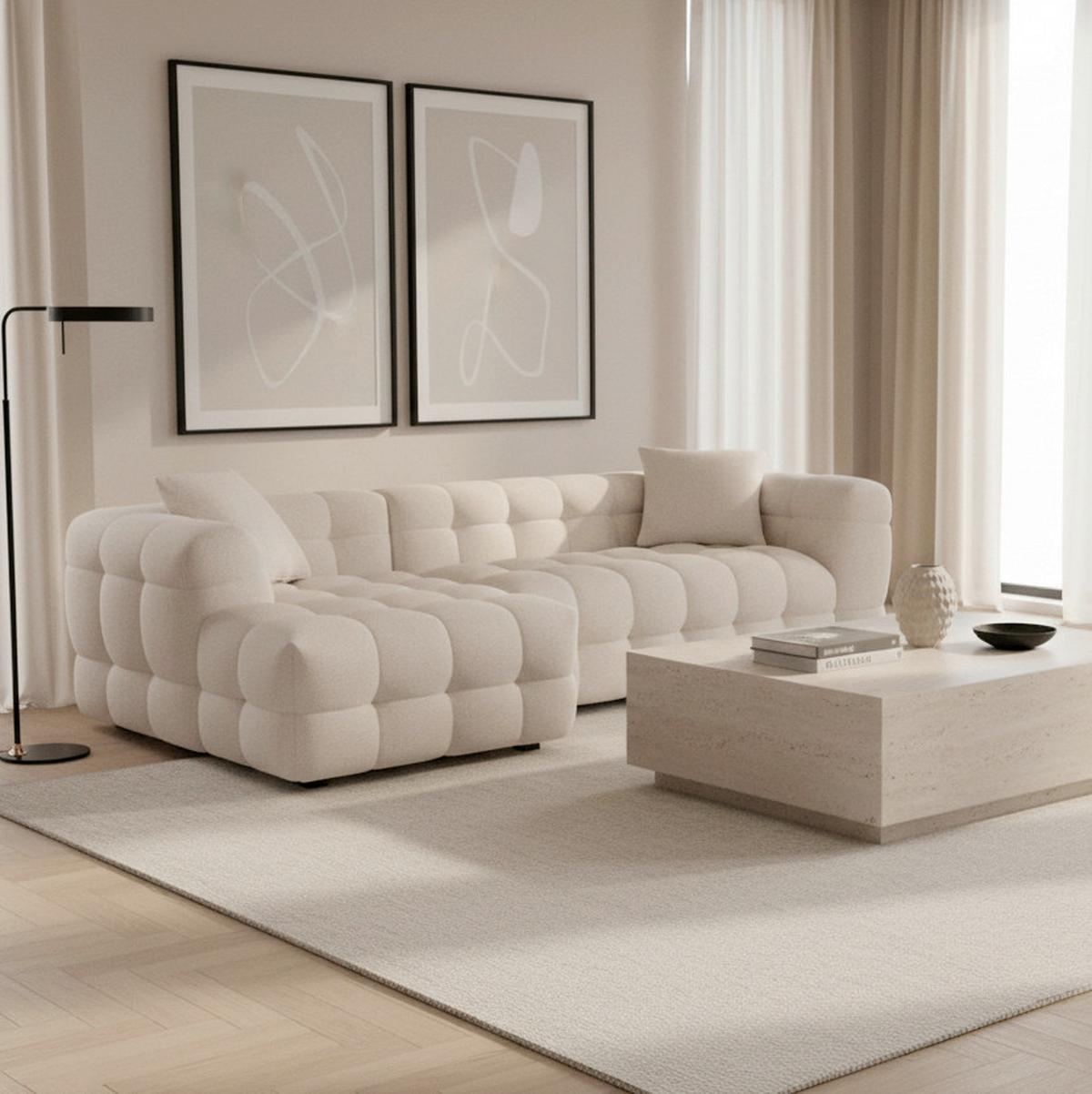 Sedacia súprava MAGDA, ľavá, biele buklé - čierna/prírodná farba, Modern, drevo/textil (157/270cm) - Bessagi Home