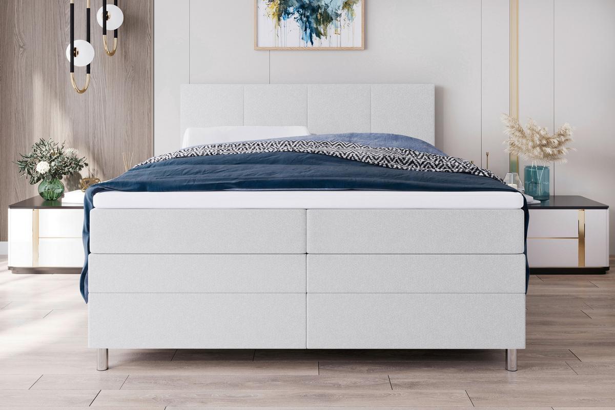 Boxspringbett mit Topper und Bettkasten 180x200 cm Messina - Chromfarben/Hellgrau, KONVENTIONELL, Textil (180/200cm)