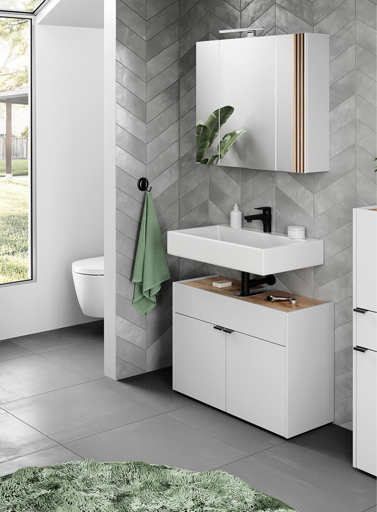 Badezimmer Forano Weiß Eichefarben - Eichefarben/Schwarz, MODERN, Holzwerkstoff (80cm) - Germania