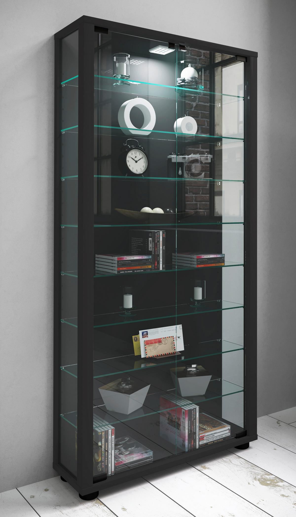 Vitrine Lumo Maxi Schwarz - Transparent/Schwarz, Design, Glas/Holzwerkstoff (59/113/18cm) - MID.YOU