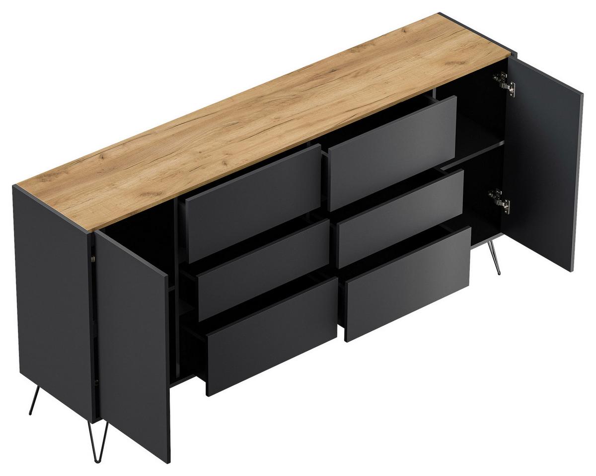 Sideboard Posseik Industrial Graphitf./eichefarben B: 199cm - Eichefarben/Schwarz, Design, Holzwerkstoff (199/93,6/42cm) - P & B