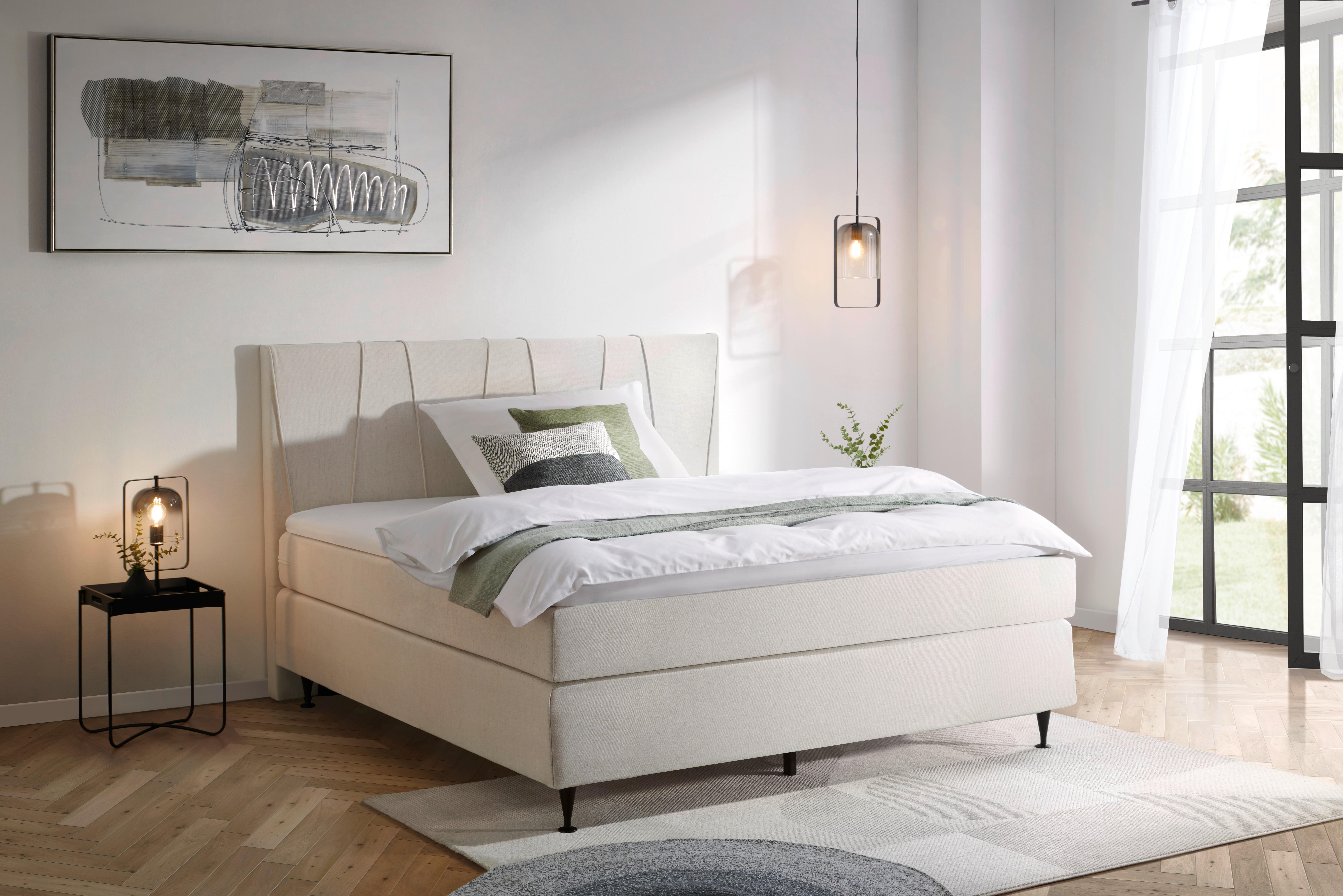 Boxspringbett mit Topper 160x200 cm Wels, Creme - Creme/Schwarz, MODERN, Textil (160/200cm) - MID.YOU