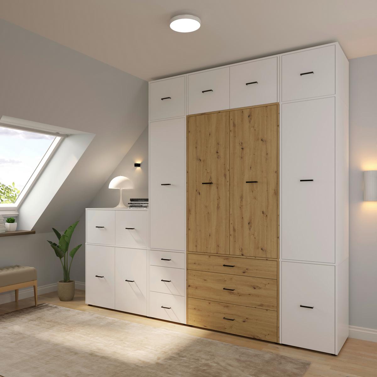 Kleiderschrank Kivo Eiche Artisan, Weiß, B: 225 cm - Weiß/Eiche Artisan, Basics, Holzwerkstoff (225/239,4/52,1cm)