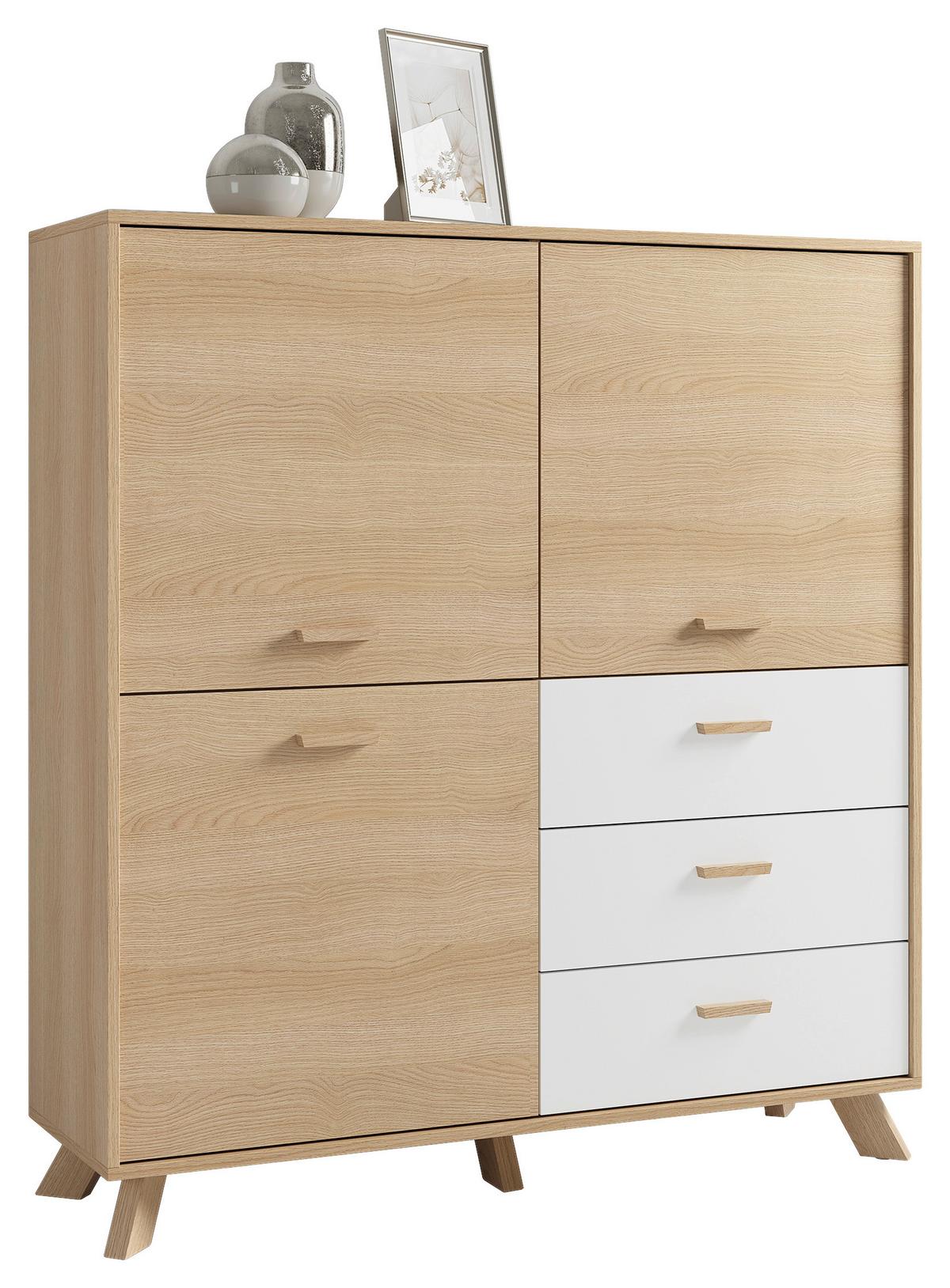 Highboard Bastian Eiche Bianco/Weiß B: 120 cm - Eiche Bianco/Eichefarben, Design, Holz/Holzwerkstoff (120/131/36,5cm) - MID.YOU