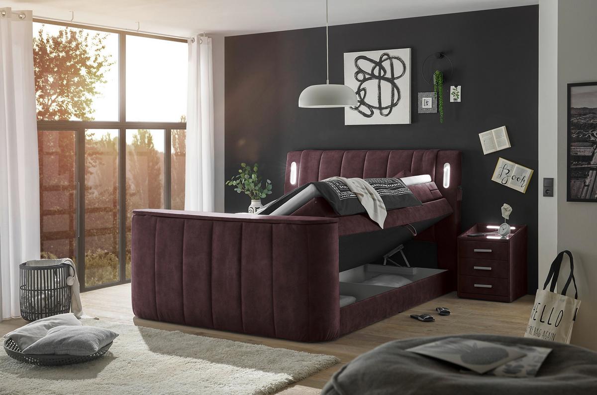 Boxspringbett Mit Topper 180x200 Cm Dallas - Aubergine, MODERN, Holzwerkstoff/Textil (180/200cm) - MID.YOU