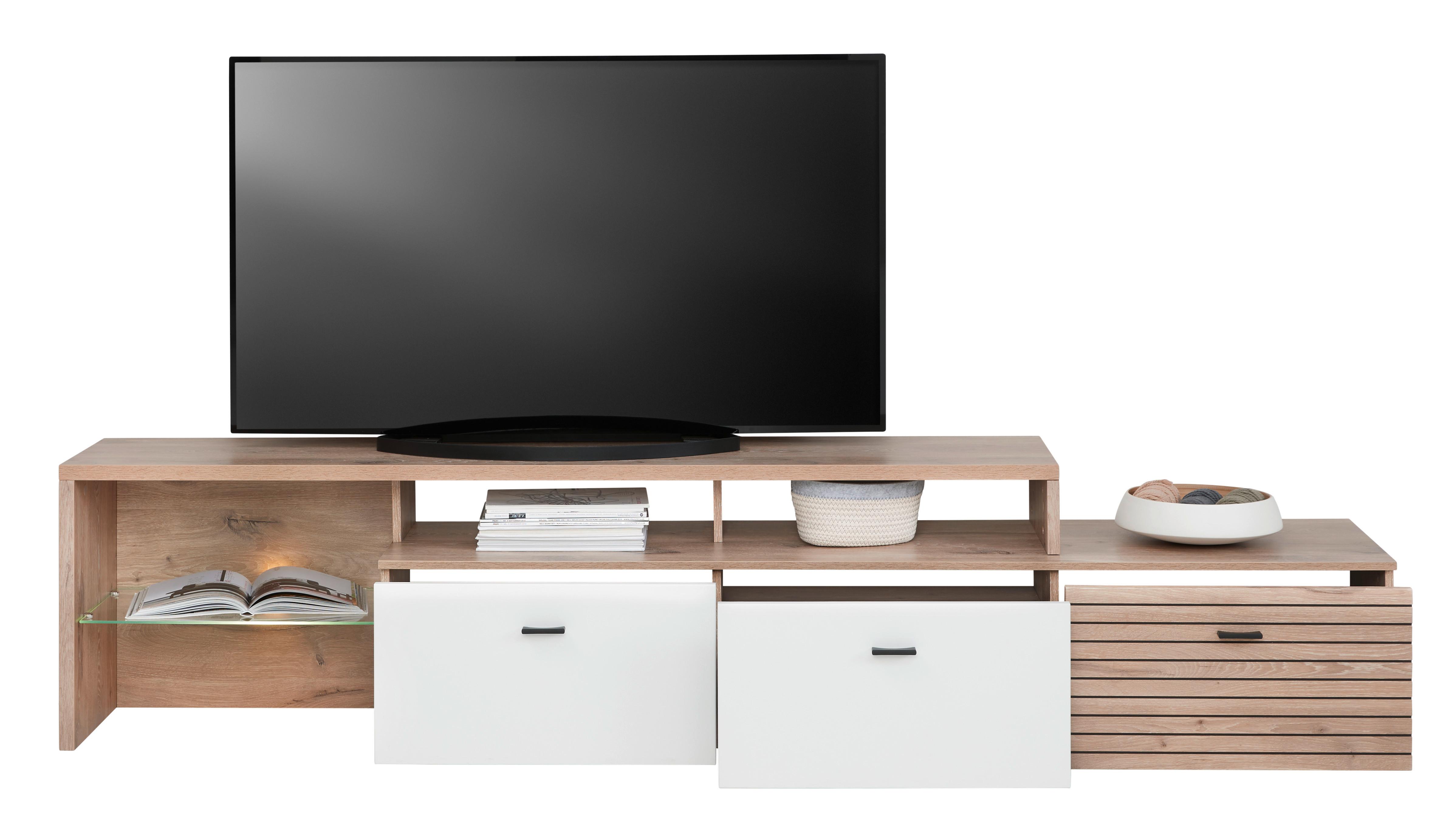 TV-Lowboard Liverpool B: 239 cm Weiß/Eichefarben - Eichefarben/Schwarz, MODERN, Glas/Holzwerkstoff (239/52/44cm)