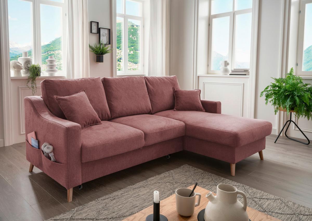 Ecksofa mit Schlaffunktion Valentina mit Kissen Rosa - Rosa/Naturfarben, KONVENTIONELL, Textil (228/150cm) - P & B