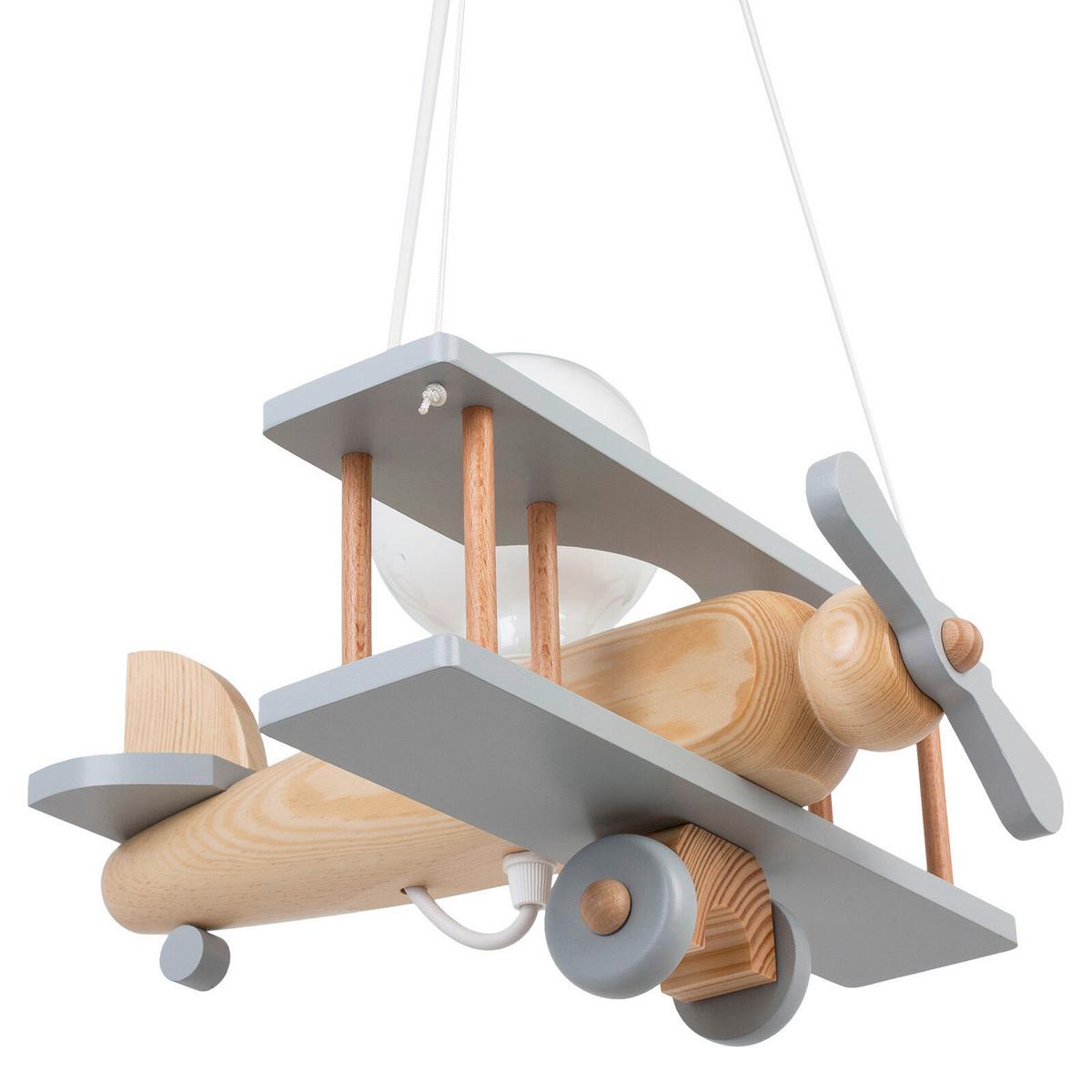 Kinderhängeleuchte Flugzeug H: 75 cm 1-Flammig - Naturfarben/Grau, Basics, Holz (29/31/75cm)