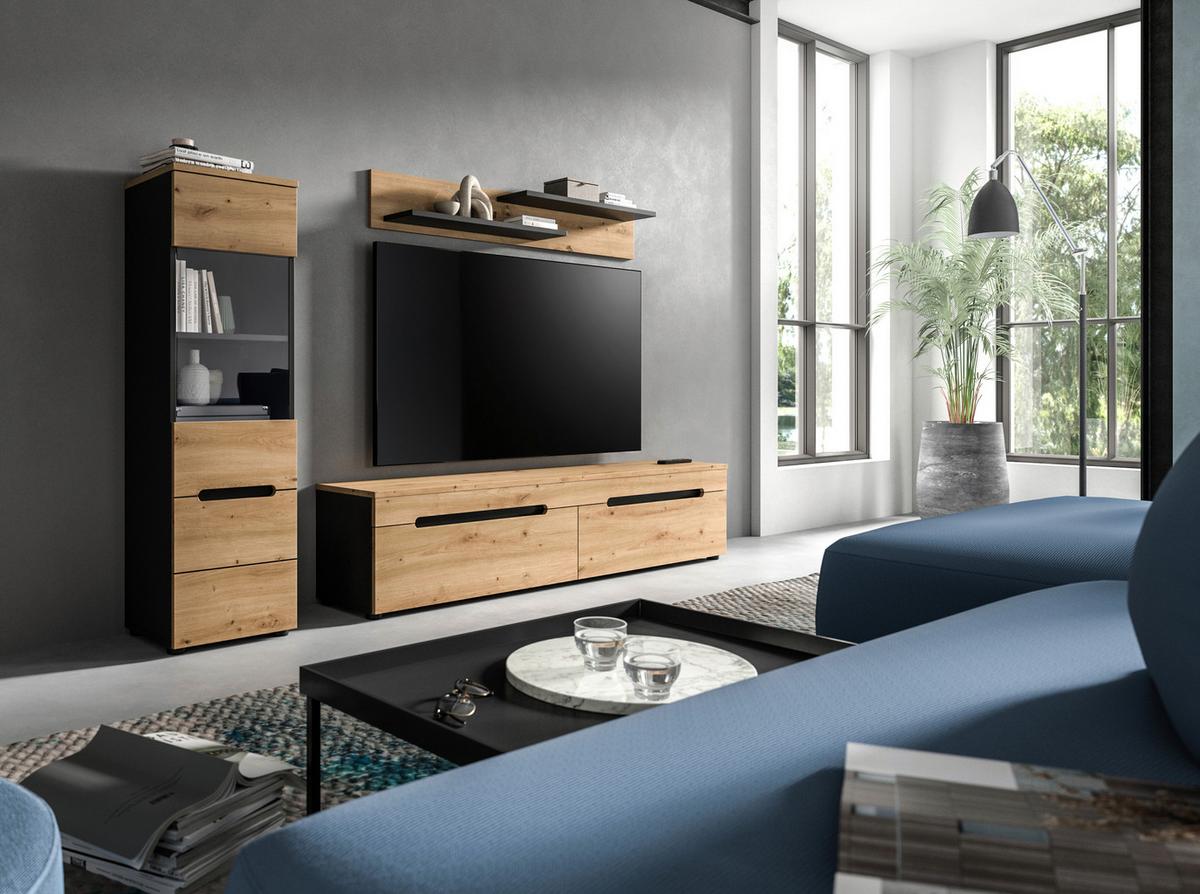 Wohnwand Canu Eiche Artisan Dekor B: 221cm - Schwarz/Eiche Artisan, Design, Holzwerkstoff (221/141/33cm) - Livetastic