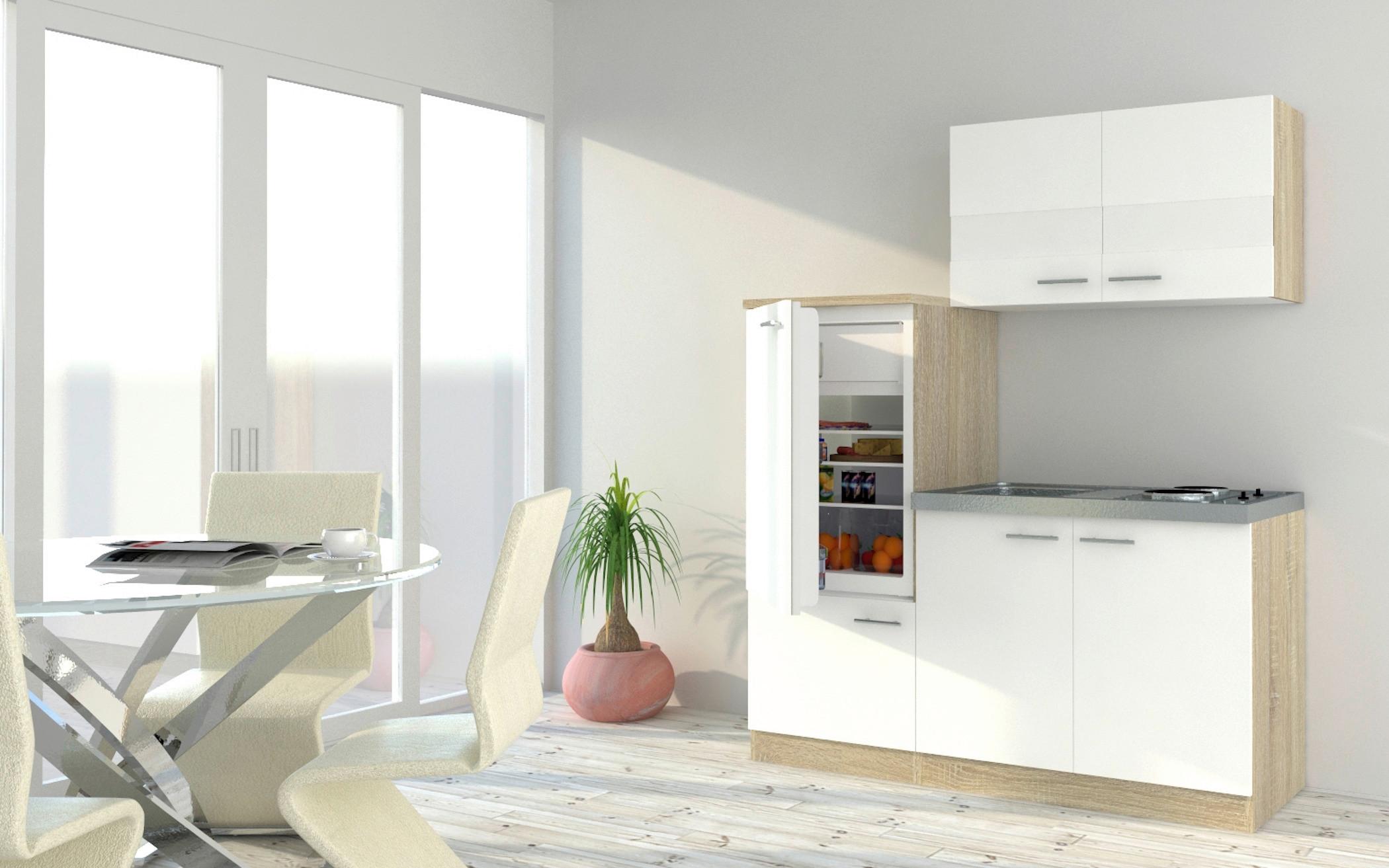 Miniküche M. Kühlschrank + Kochfeld 160 Cm Weiß/eiche - Edelstahlfarben/Eichefarben, Basics, Holzwerkstoff/Metall (160cm) - Respekta