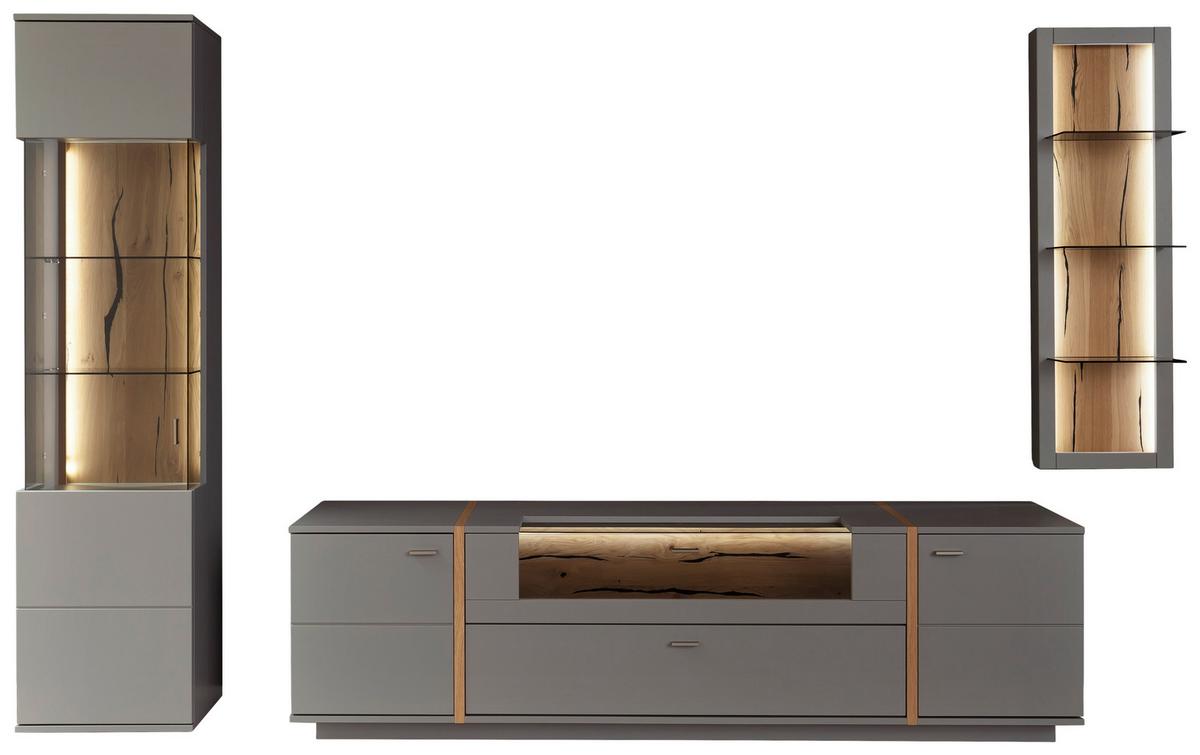 Wohnkombination teilmassiv 3--teilig. Sevilla Grau/Eiche - Eichefarben/Schwarz, Design, Glas/Holzwerkstoff (316/207/50cm) - MID.YOU