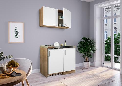 Miniküche mit Kühlschrank + Kochfeld 100 cm Weiß/Eiche - Edelstahlfarben/Eichefarben, MODERN, Holzwerkstoff/Metall (100cm) - Respekta