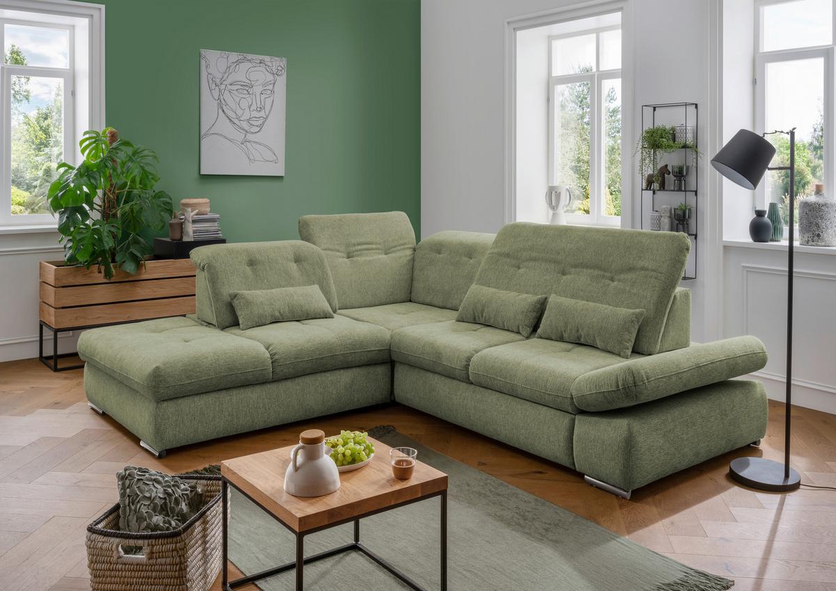 Ecksofa Mit Schlaffunktion Dalida Grün Chenille - Chromfarben/Grün, Design, Textil (254/280cm) - Livetastic