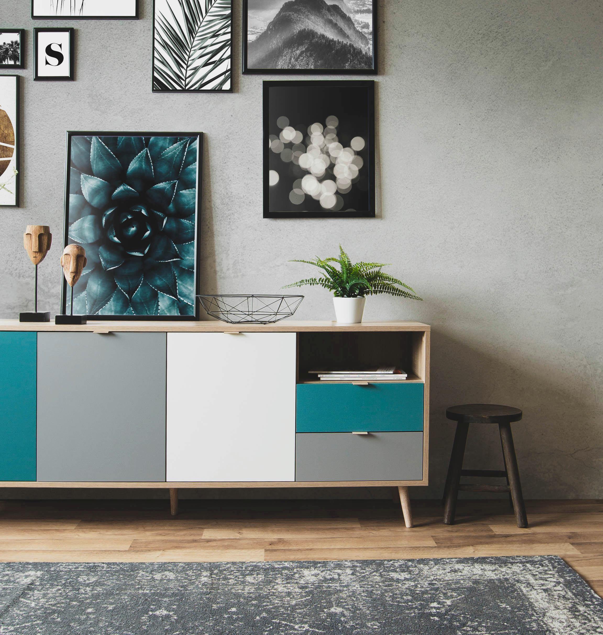 Sideboard Dekor 180 cm Cube 56-Trend, Eiche/Farbig - Eichefarben/Petrol, Trend, Holzwerkstoff (180/71/40cm) - MID.YOU