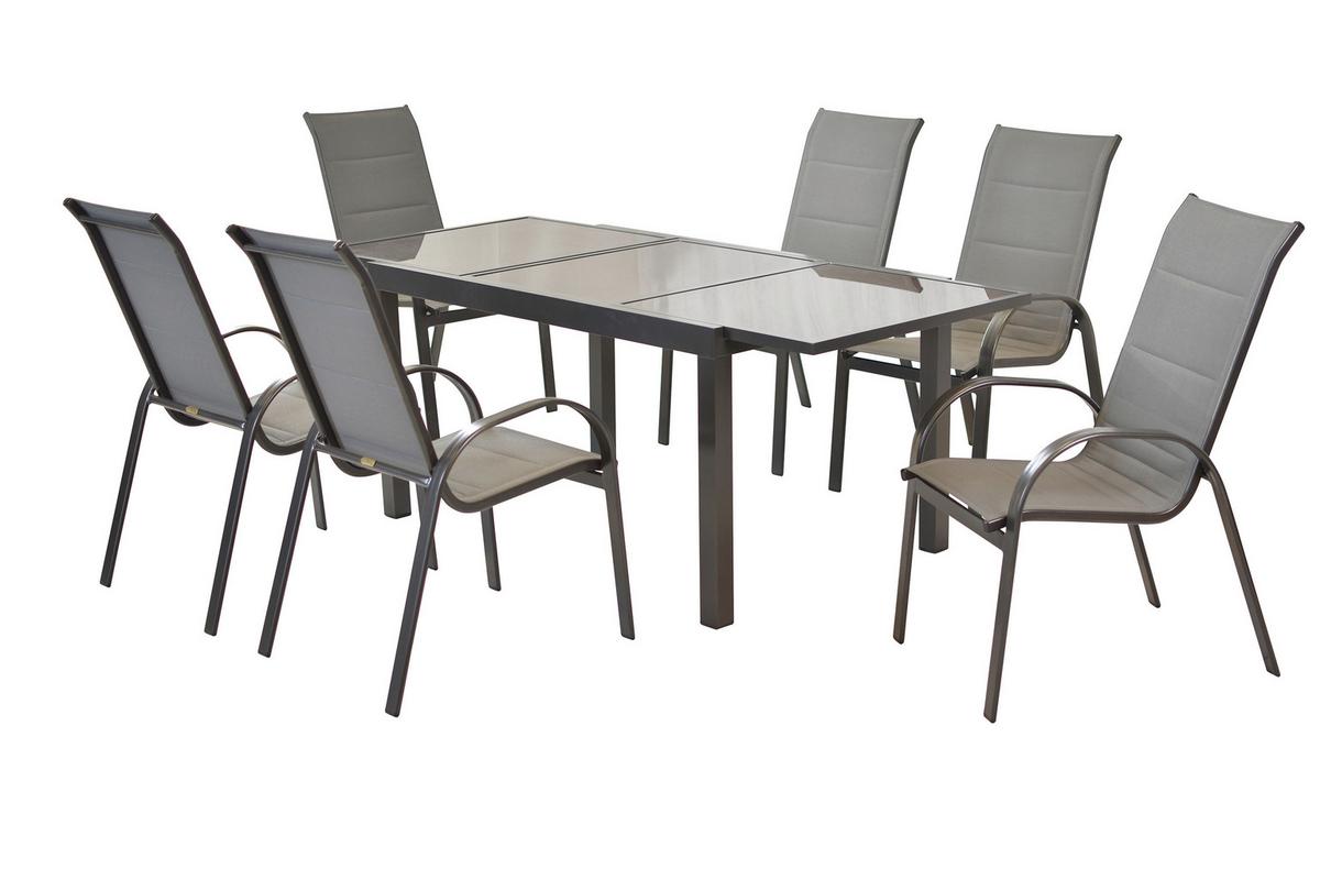 Gartentischgruppe Amalfi 7 -Teilig. Graphitfarben/Grau - Graphitfarben/Braun, KONVENTIONELL, Glas/Textil - Gardenson