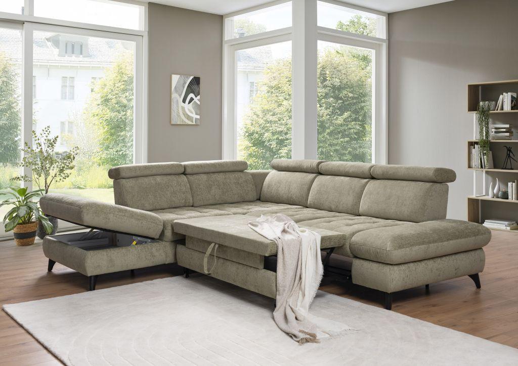 Rohová sedačka CAROLINE XC, levá, sv. zelená, s funkcemi - černá/světle zelená, Moderní, kompozitní dřevo/textil (250/288cm)