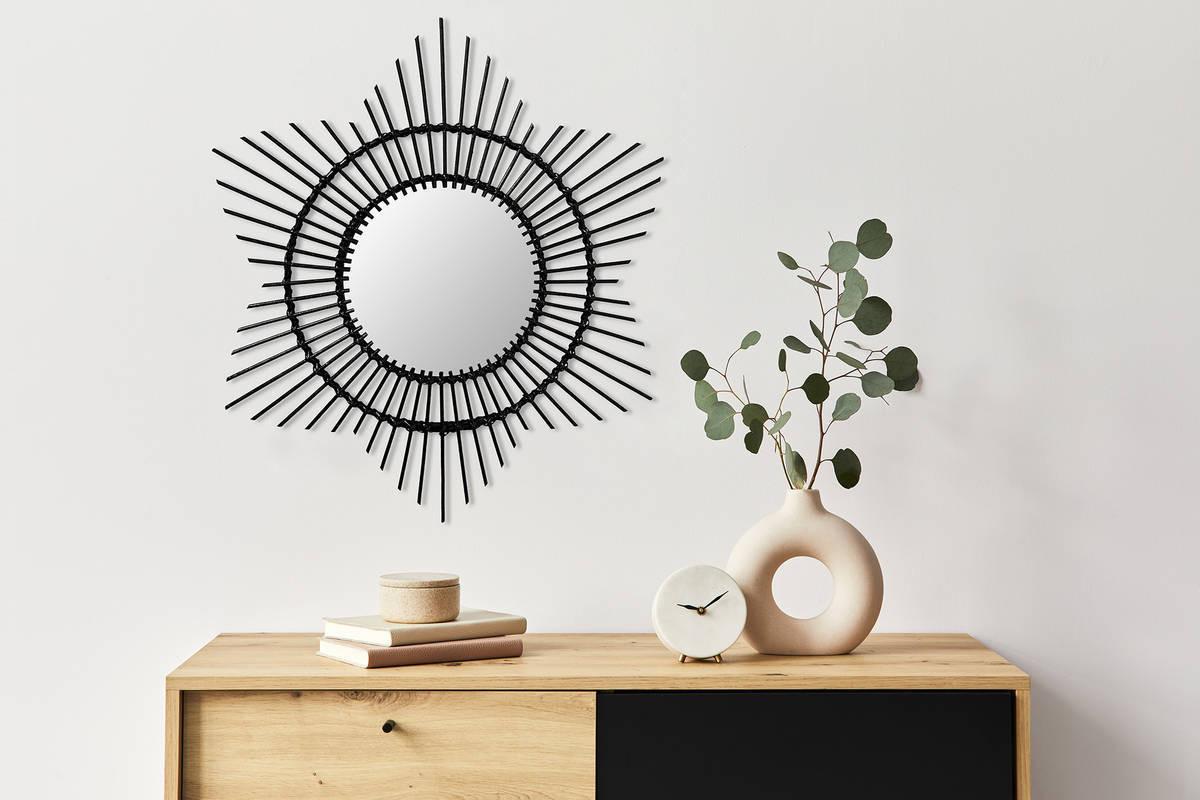 Wandspiegel Aina 70x70 cm mit Rattan Rahmen - Schwarz, Trend, Glas/Holz (70/70/2cm) - Kayoom