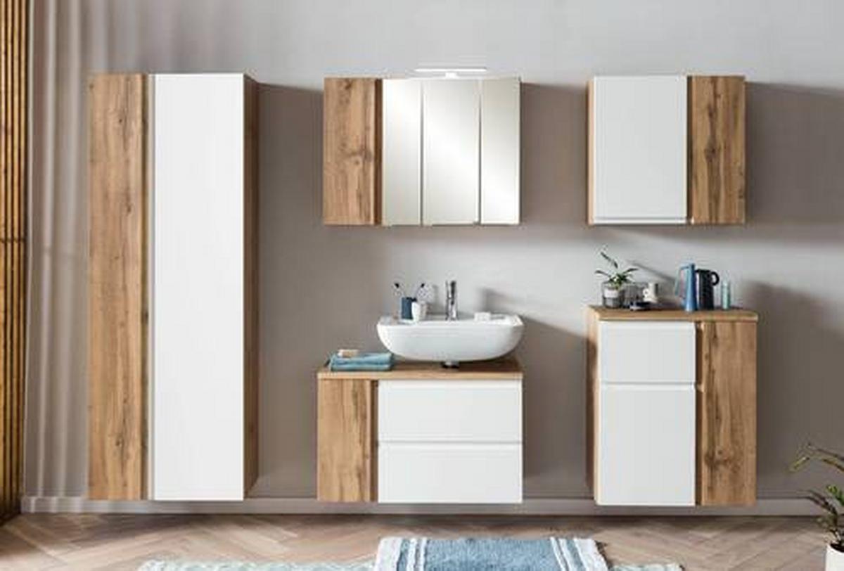 Badezimmer Hochschrank Varese BxH 65x180 cm Weiß/Eiche Dekor - Eiche Wotan/Weiß, MODERN, Holzwerkstoff (65/180/35cm) - Held