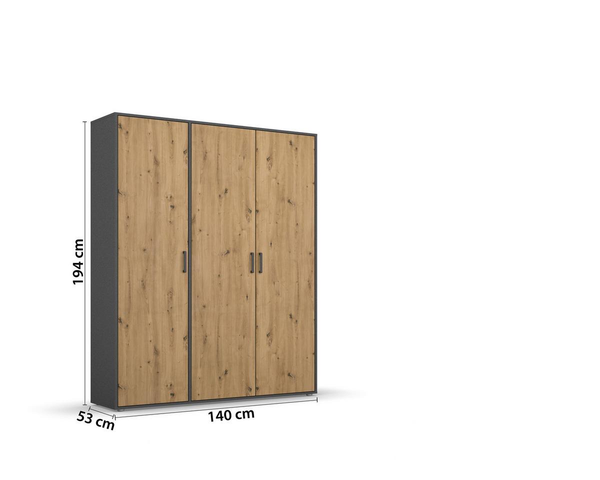 Drehtürenschrank Voyager Grau,eiche Artisan B: 140 cm - Eiche Artisan/Grau, MODERN, Holzwerkstoff (140/194/53cm) - Rauch Möbel