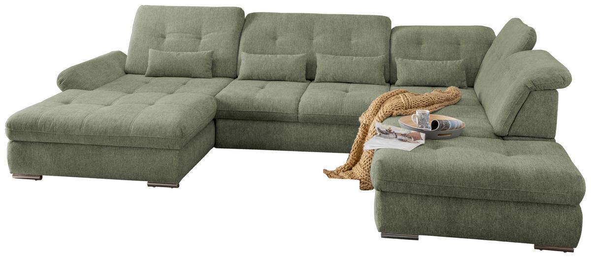 Wohnlandschaft Dalida Mit Schlaffunktion Grün Chenille - Chromfarben/Grün, Design, Textil (195/376/254cm) - Livetastic