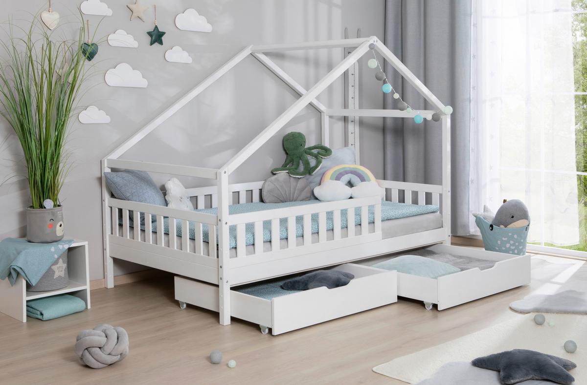 Hausbett Lou Bettschublade Weiß B: 140 cm - Weiß/Naturfarben, MODERN, Holz (140/200cm) - MID.YOU