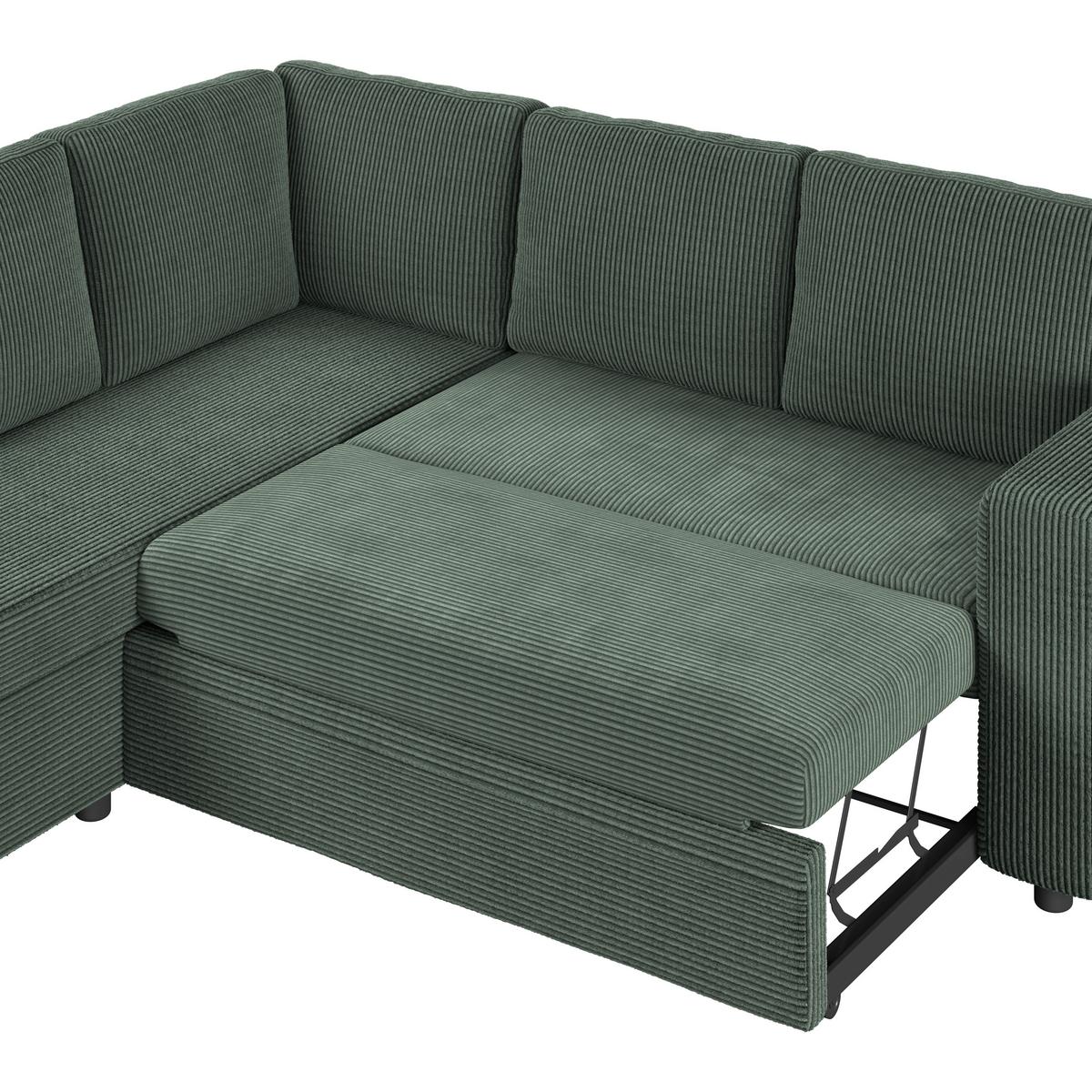 Ecksofa mit Schlaffunktion Toulouse Cord grün, 206x224cm - Schwarz/Grün, Trend, Holz/Textil (206/224cm)