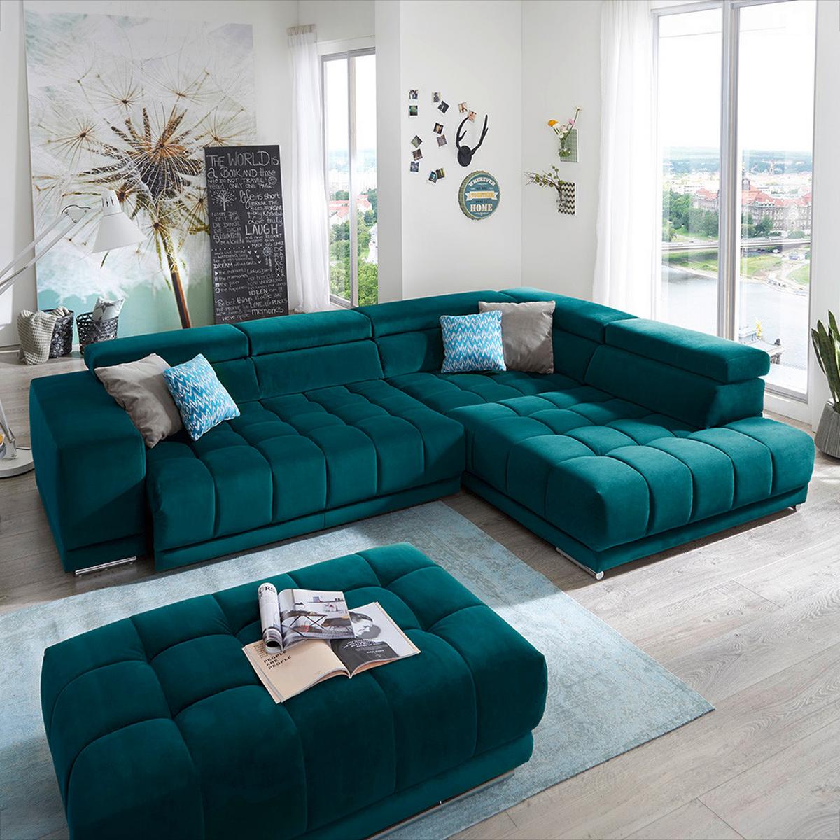 Sedacia súprava IBA, pravá, tyrkysová, bez funkcií - chrómová/tyrkysová, Lifestyle, textil (323/73/222cm) - Premium Living