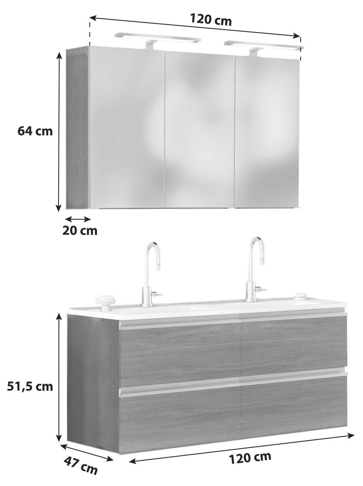 Badmöbel-set 3-tlg. Inkl. Led Arezzo B: 120cm, Eiche Dekor - Eichefarben/Silberfarben, Basics, Holzwerkstoff/Stein (120cm) - Held