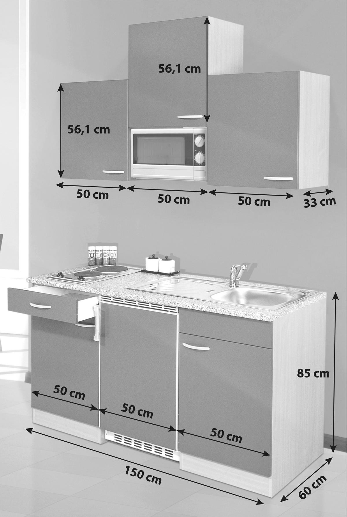 Küchenzeile mit Geräten 150 cm Buche Dekor/Steinoptik - Buchefarben/Grau, KONVENTIONELL, Holzwerkstoff (150cm) - Respekta
