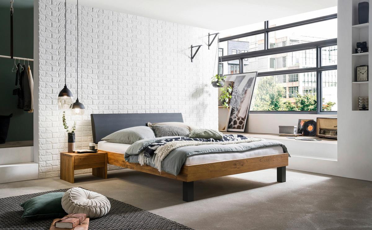 Bett Sondrio Mit Gepolstertem Kopfteil 160x200 - Wildeiche/Eichefarben, Natur, Holz/Textil (160/200cm) - Hasena