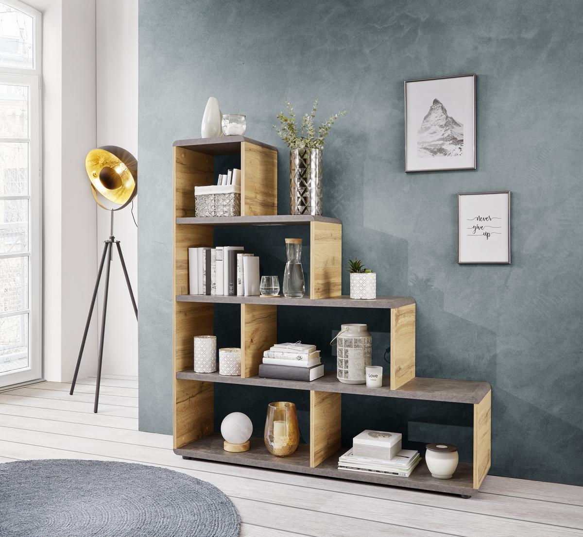 Regal Fontana B 138,5cm, Betonoptik/Eiche Dekor - Eiche Wotan, MODERN (139/148/35cm)