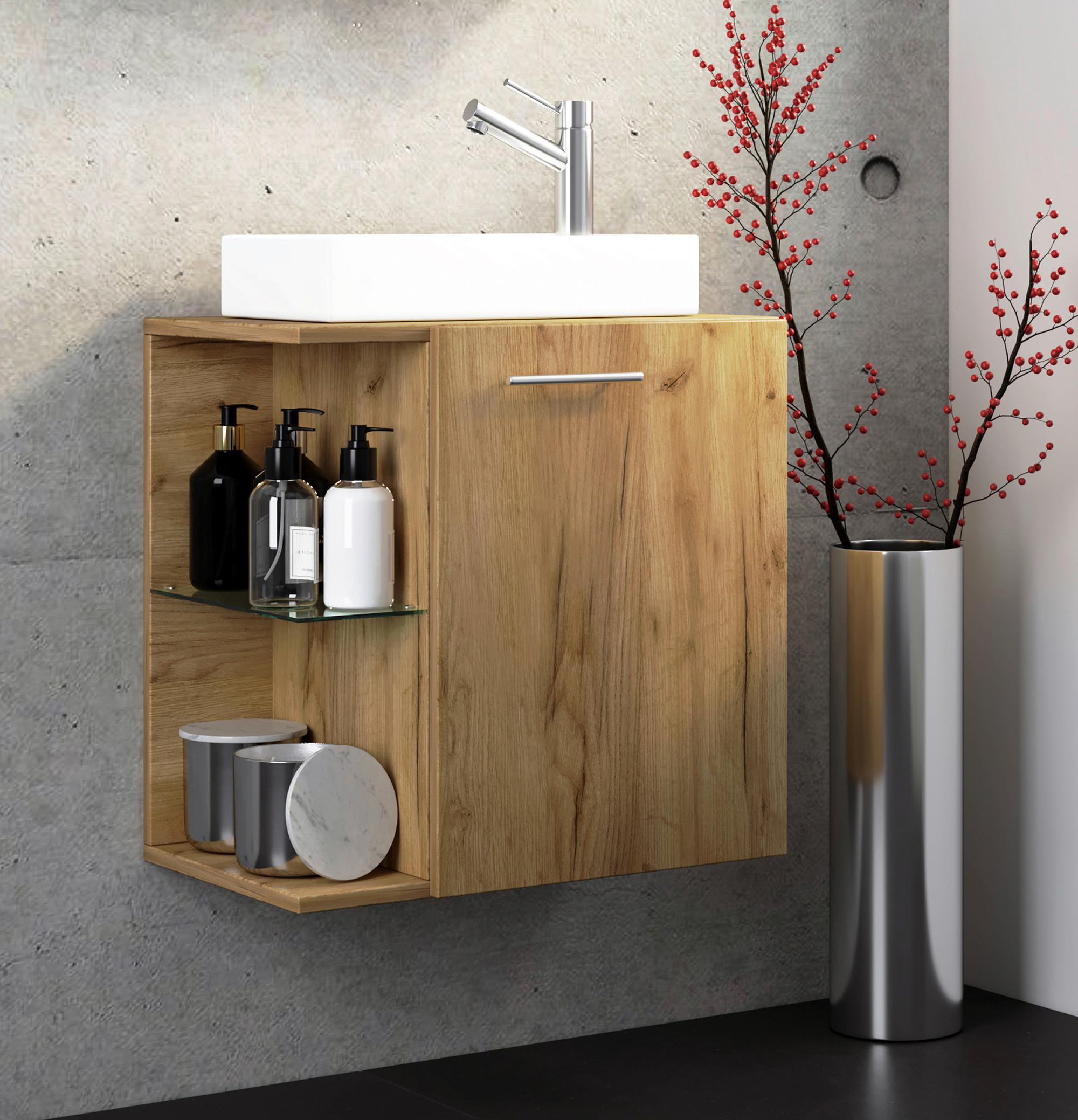 Waschtischkombi Hausa - Honigeiche/Weiß, MODERN, Glas/Keramik (52cm) - MID.YOU