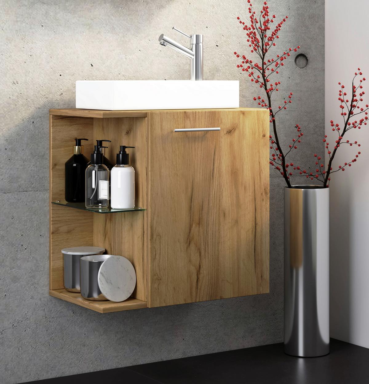 Waschtischkombi Hausa - Honigeiche/Weiß, MODERN, Glas/Keramik (52cm) - MID.YOU