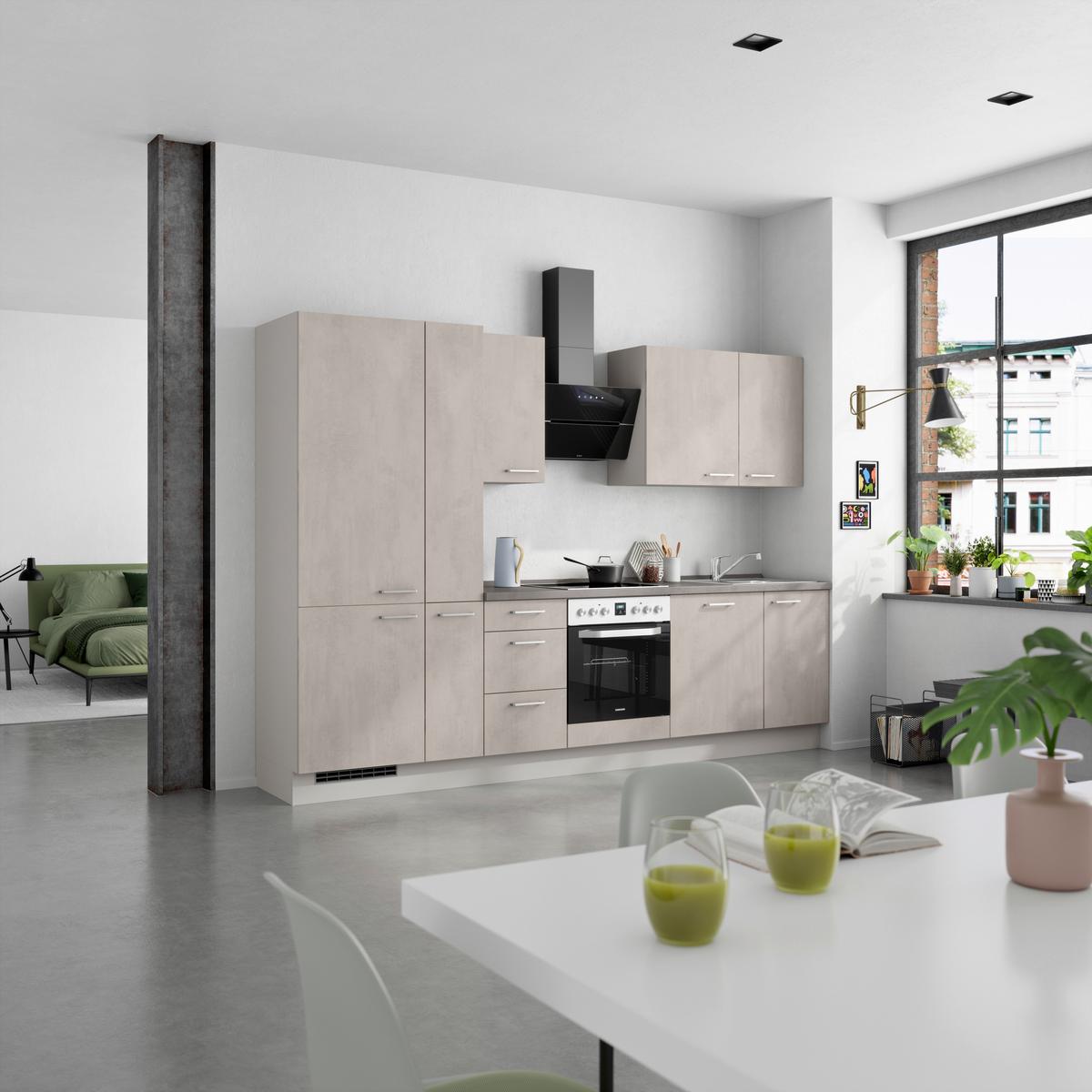 Kuchynská linka 300 cm, šedý betón/ kamenná šedá - sivá/farba ušľachtilej ocele, Modern, kov/kompozitné drevo (300cm) - Nobilia