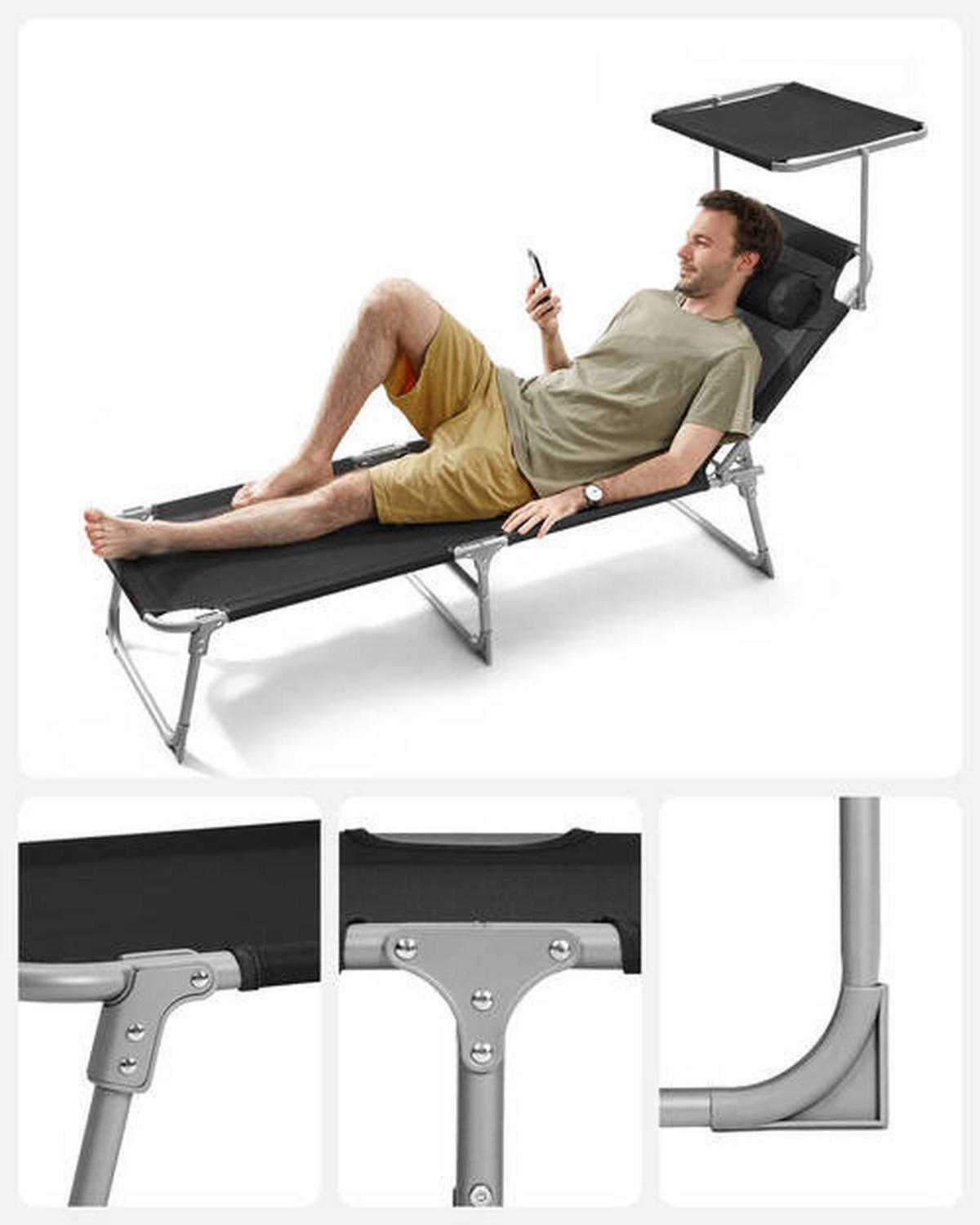 Sonnenliege Schwarz inkl. Sonnendach, B: 53 cm - Schwarz, Basics, Textil/Metall (53/29,5/193cm) - Modante