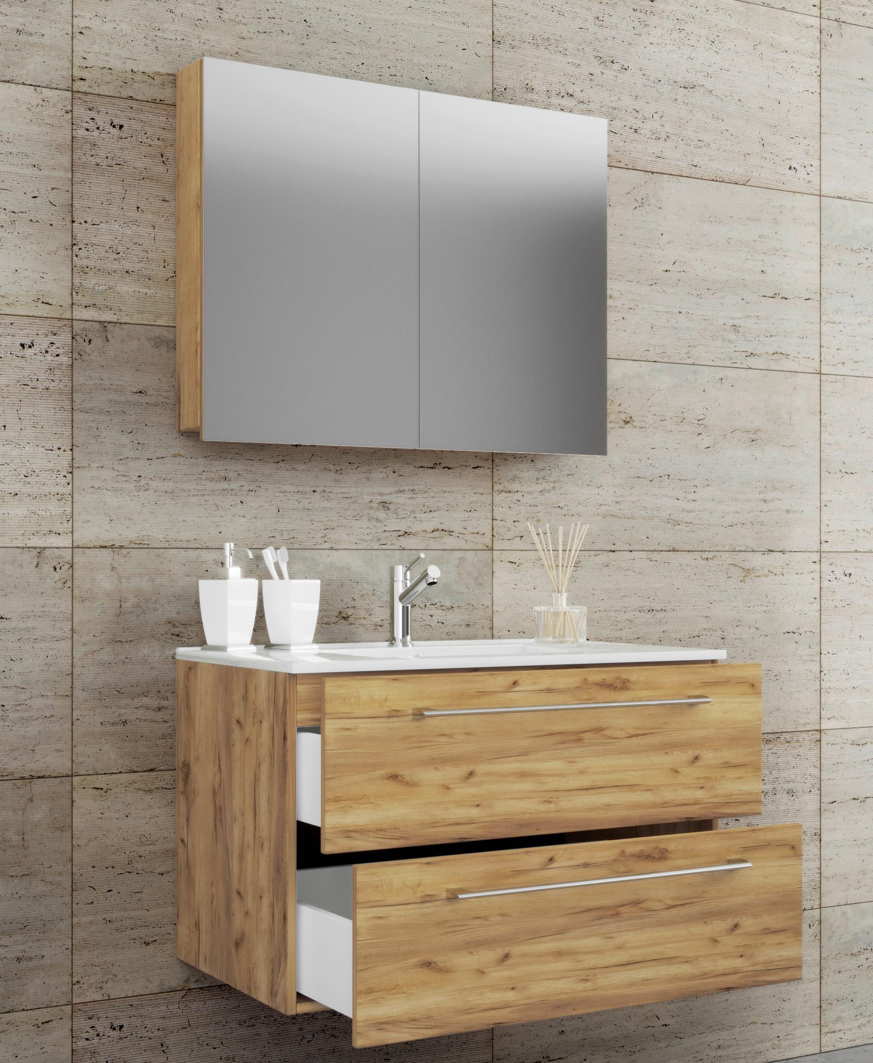 Badezimmer Badinos 3-Teilig Honigeiche B: 80 cm - Honigeiche/Weiß, MODERN, Keramik/Holzwerkstoff (80cm) - MID.YOU