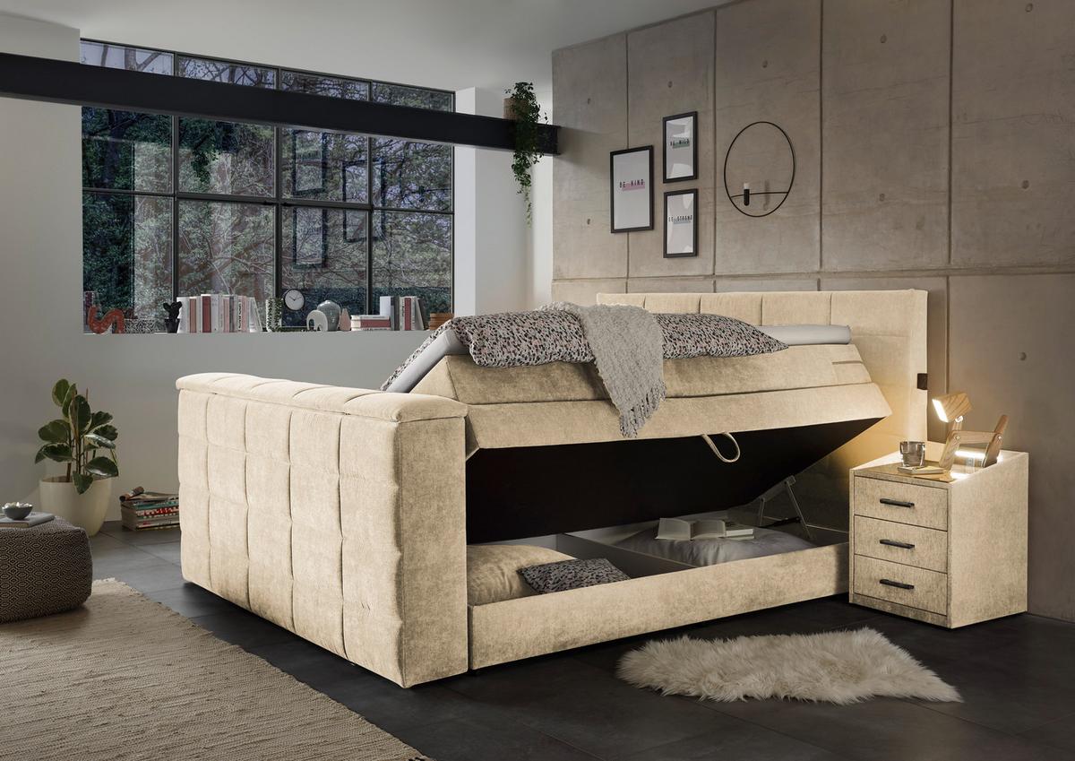 Boxspringbett mit Bettkasten 180x200 cm Denver - Sandfarben, KONVENTIONELL, Textil (180/200cm) - Carryhome