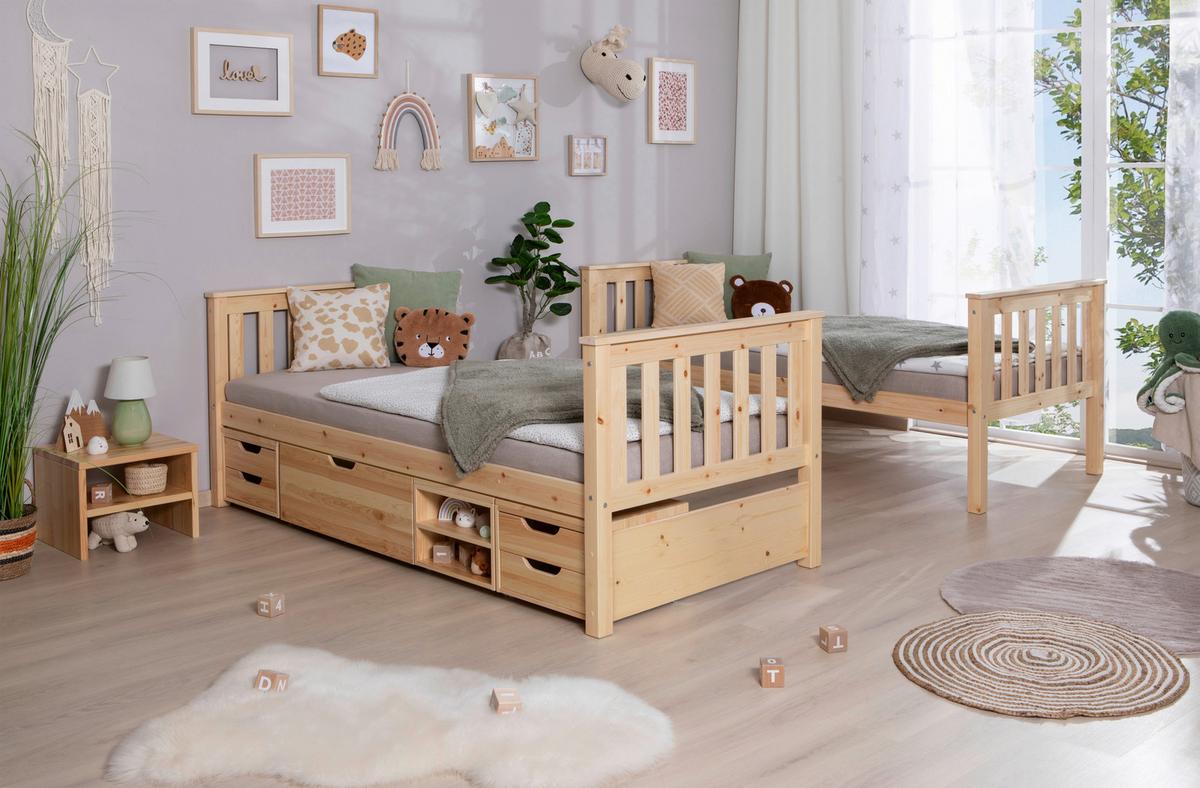 Etagenbett Sammy Kiefer Massiv 90 cm mit Bettkasten + Leiter - Naturfarben, MODERN, Holz (90/200cm) - MID.YOU