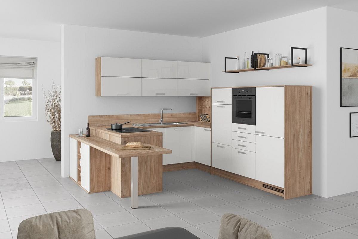 U-küche Lp4050 Weiß/ Eiche 255x294x298 Cm Mit Griffen - MODERN, Holzwerkstoff (255/294/298cm) - Impuls