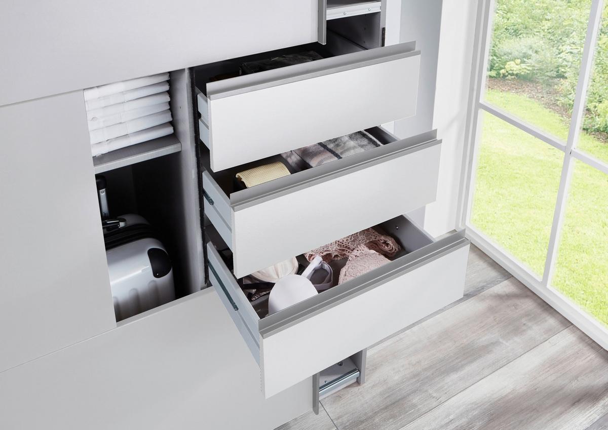 Schwebetürenschrank B: 225cm Saigon Weiß - Klar/Alufarben, KONVENTIONELL, Holzwerkstoff (225/210/64cm) - MID.YOU