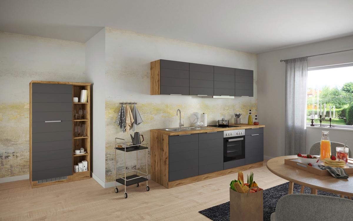 Küchenzeile Florenz ohne Geräte 330 cm Grau/Eichefarben - Eiche Wotan/Grau, Design, Holzwerkstoff (330cm) - Held