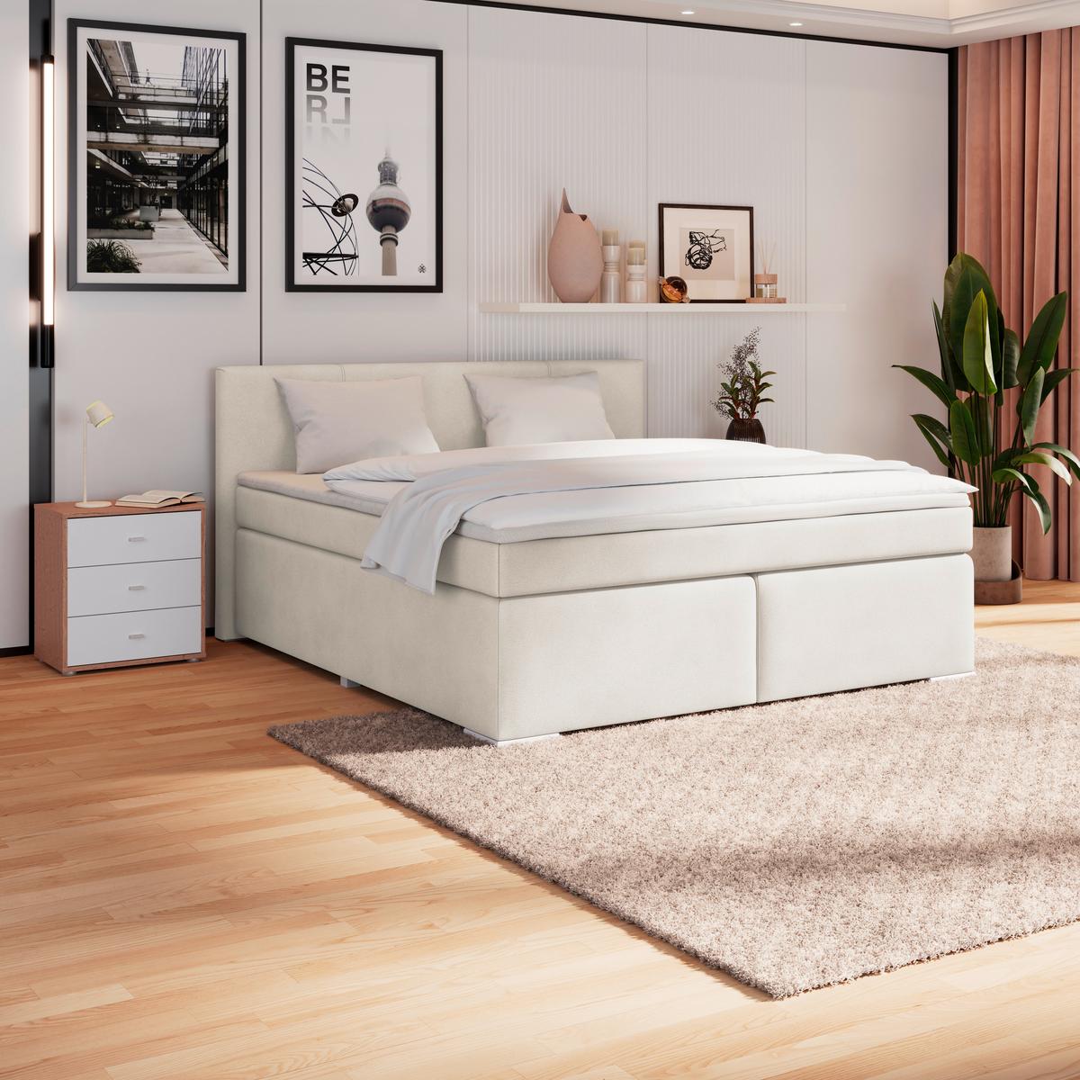 Boxspringbett Mira Boucle Perlmutt, Lf:180x200cm - Perlmutt/Silberfarben, KONVENTIONELL, Holz/Textil (180/200cm)