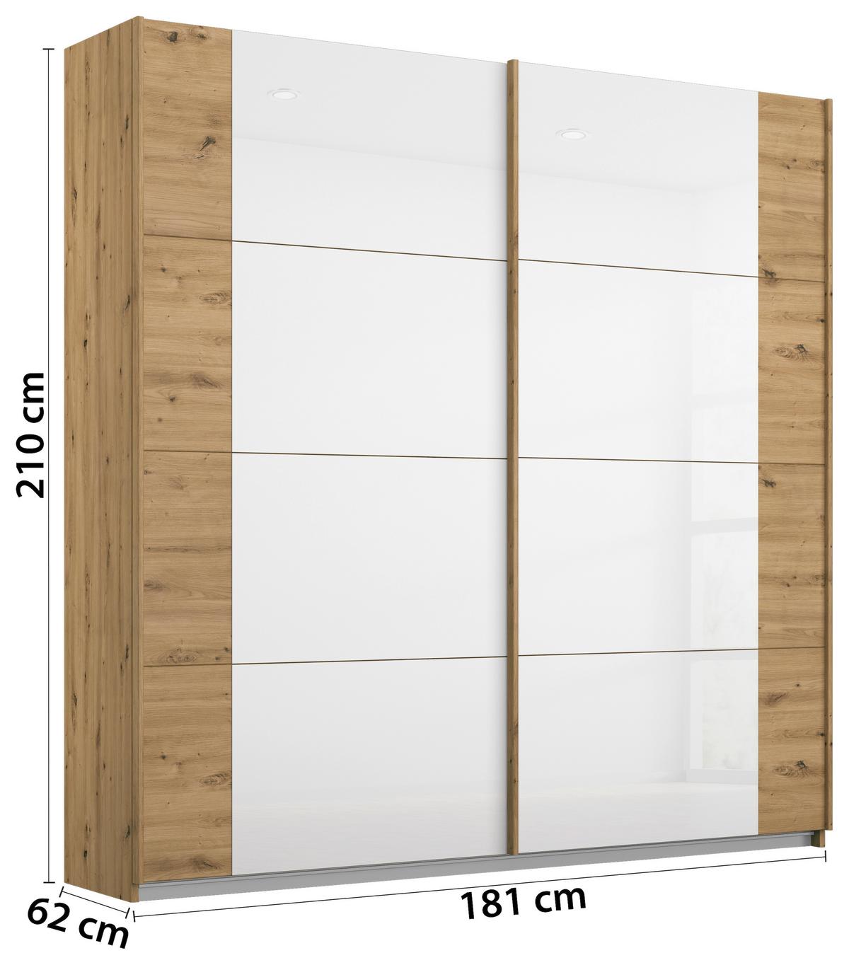 Schwebetürenschrank Artemis B: 181 Cm Weiß/eiche Dekor - Weiß/Eiche Artisan, MODERN, Glas/Holzwerkstoff (181/210/62cm) - Rauch Möbel