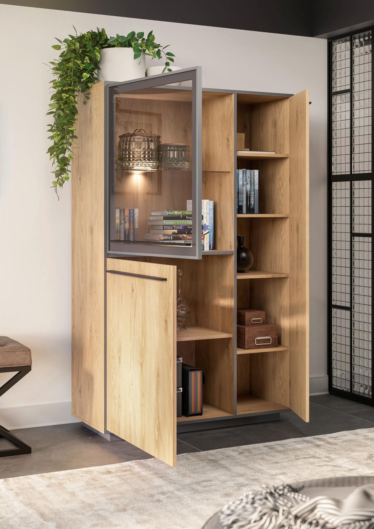 Highboard Nadiro B: 101 cm Wildeiche Dekor/Schwarz Matt - Eichefarben/Schwarz, Trend, Glas/Holzwerkstoff (101/161/41cm) - Livetastic