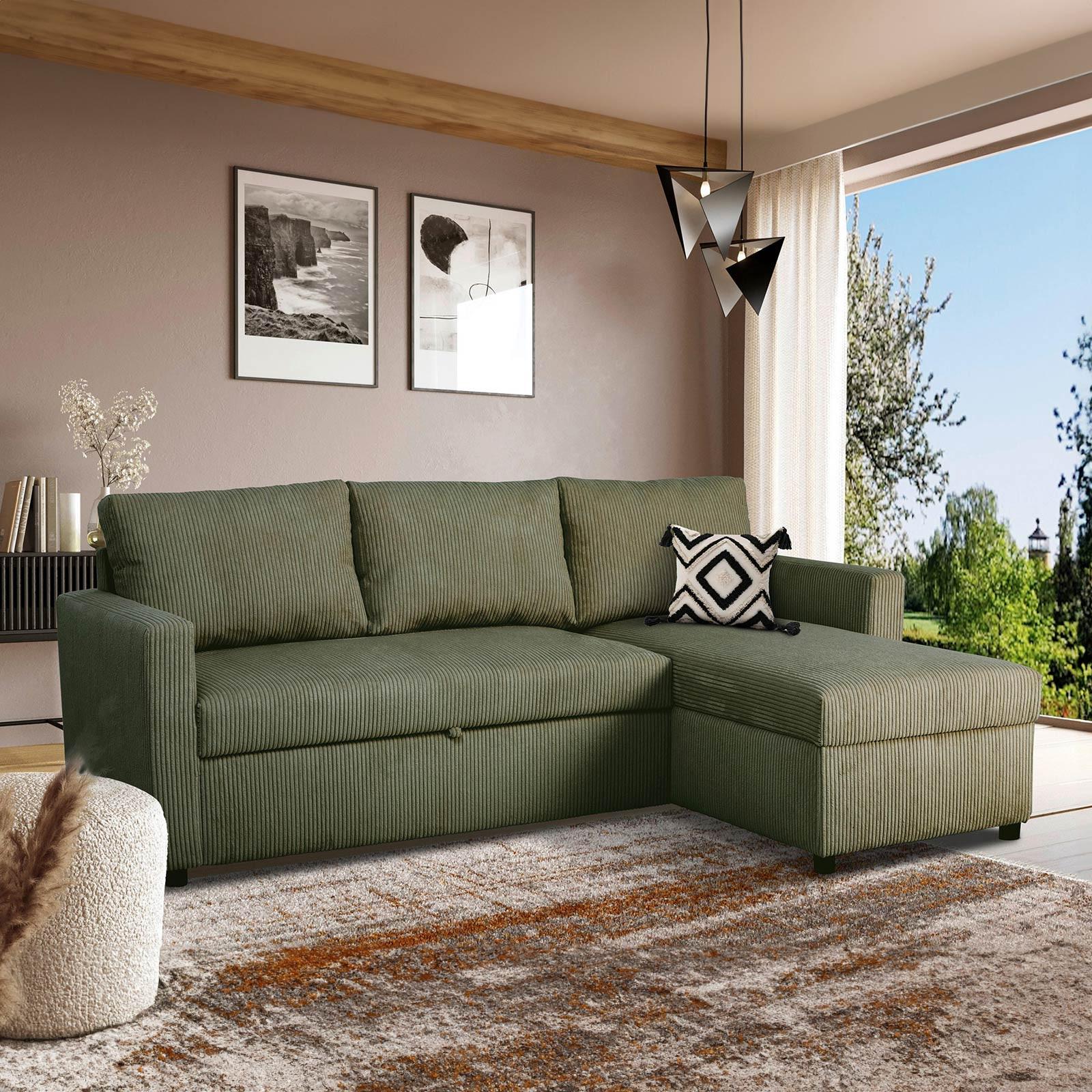 Ecksofa Paris Grün mit Schlaffunktion L: 215 cm - Schwarz/Grün, Basics, Holz/Holzwerkstoff (215/145/82cm)