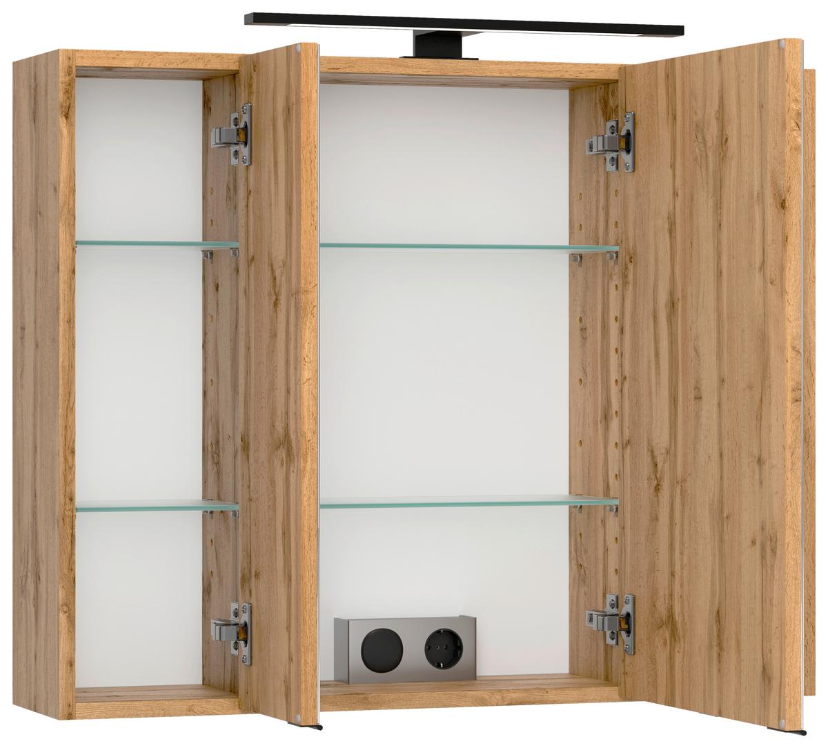 Spiegelschrank Chester mit LED Beleuchtung 3-Türig +Steckdose - Eiche Wotan, MODERN, Glas/Holzwerkstoff (80/67,5/20cm) - Held